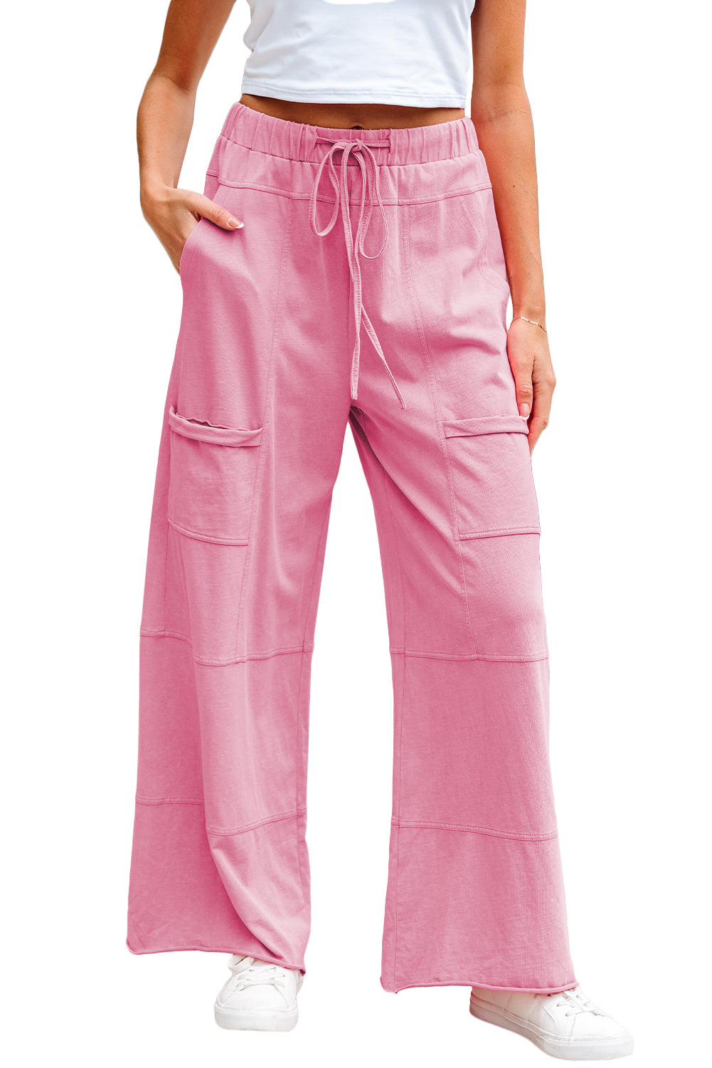 Mineral Wash Exposed Seam Drawstring High Waist Wide Leg Cargo Pants