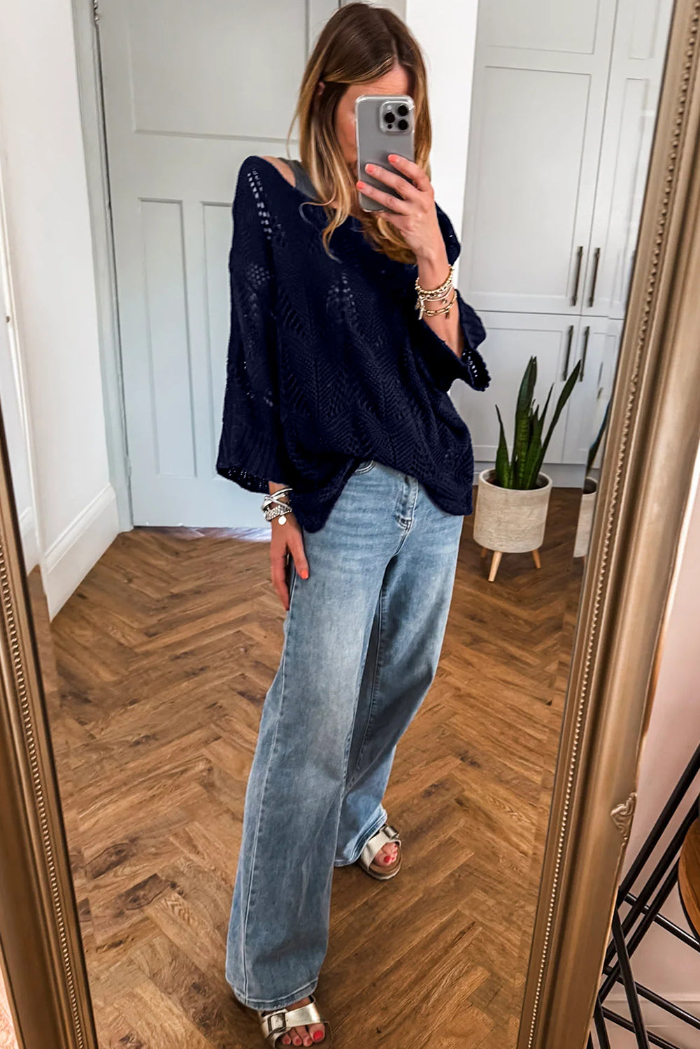 Hollow Out Knit 7/8 Sleeve Casual Sweater