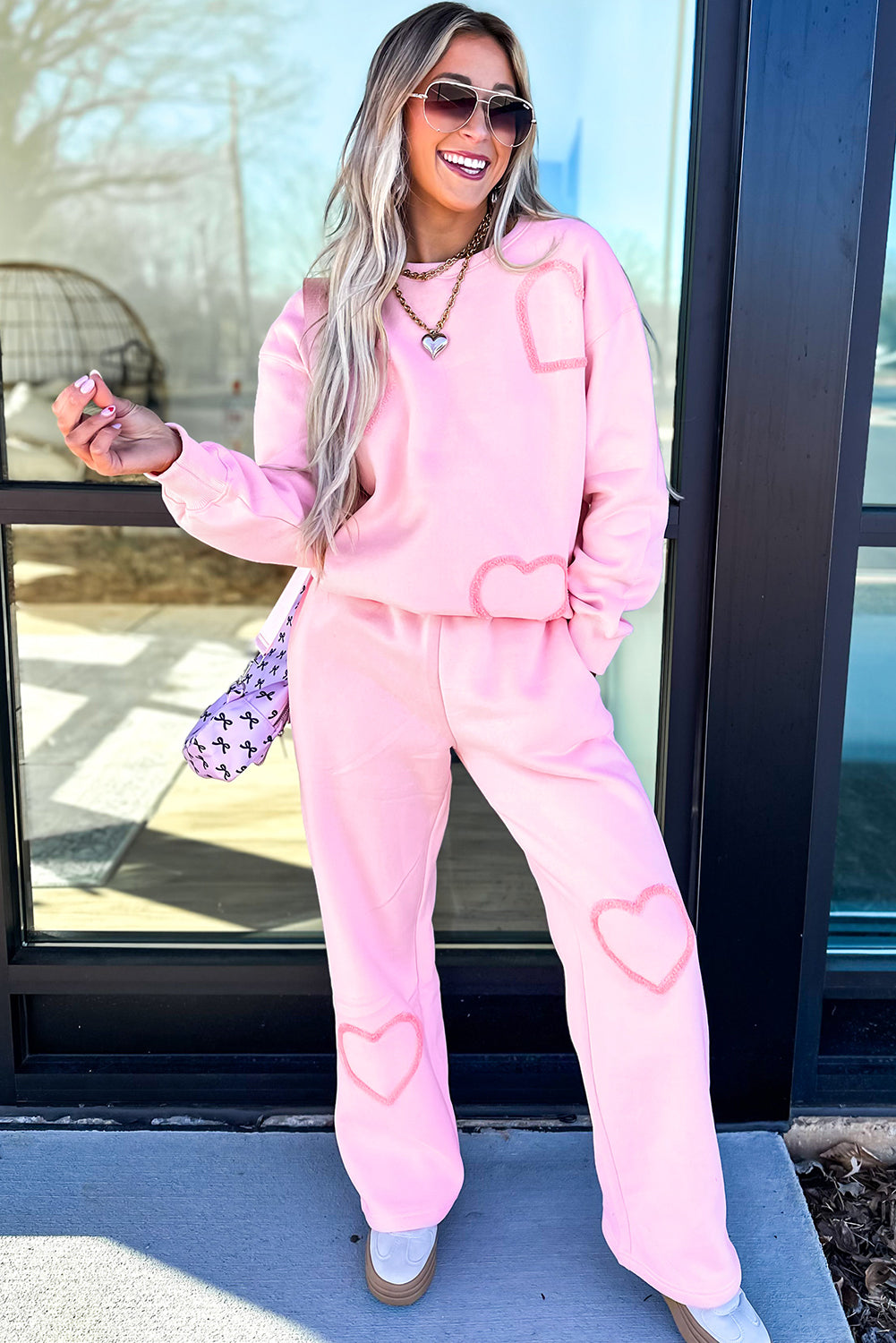 Chenille Heart Pattern Casual 2pcs Pants Set