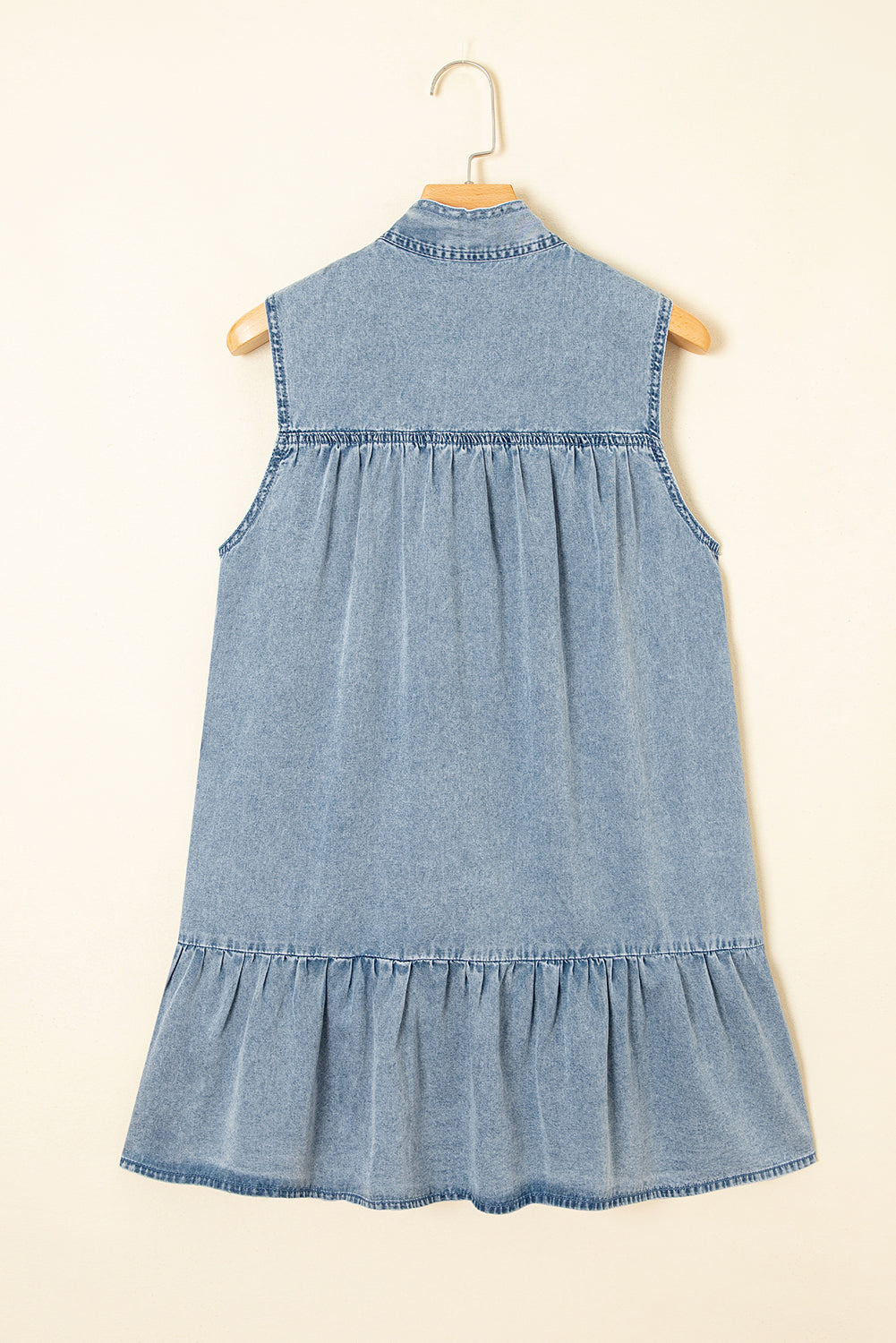 Bowknot Neck Sleeveless Ruffled Chambray Dress