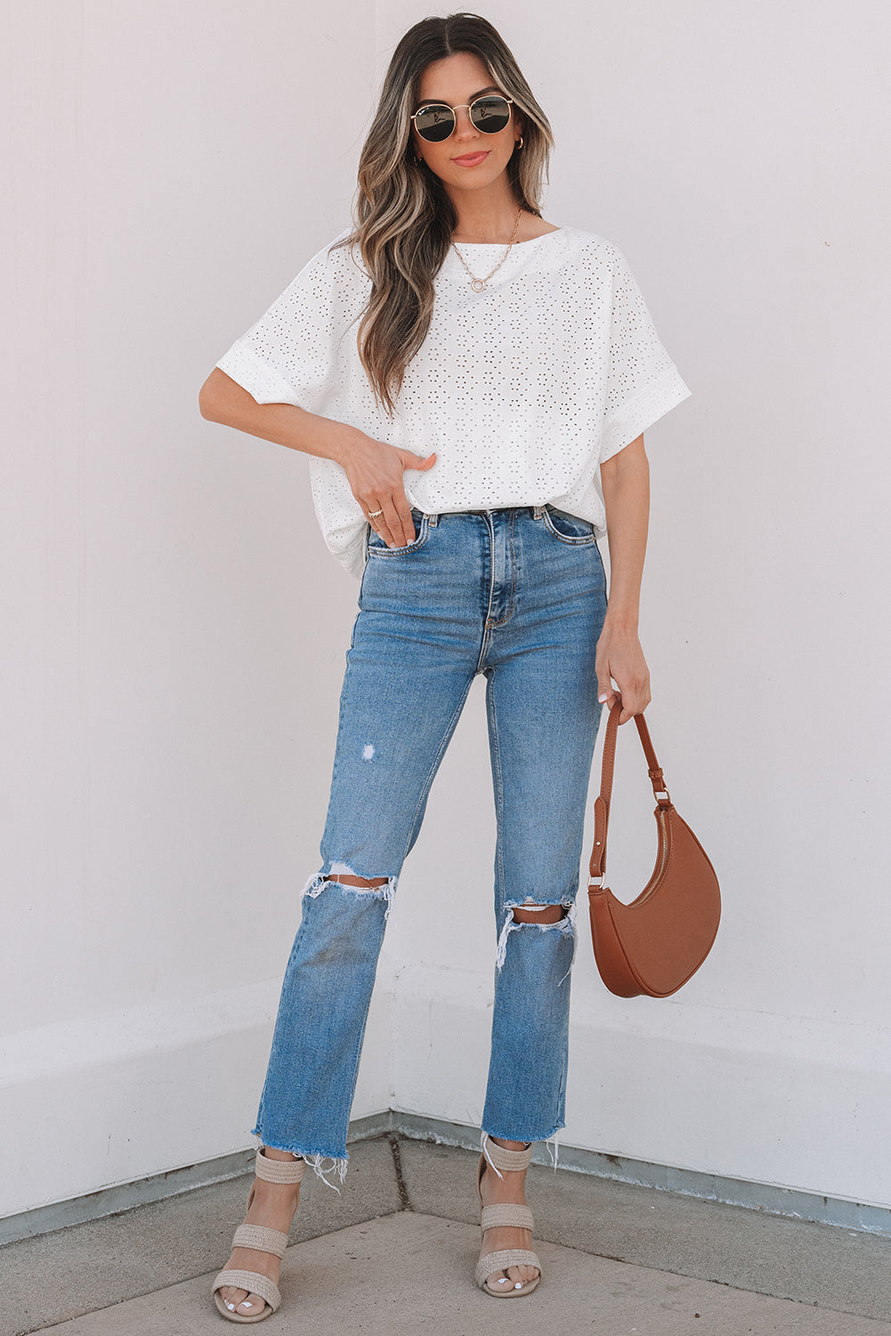 Eyelet Pattern Boat Neck Casual Tee