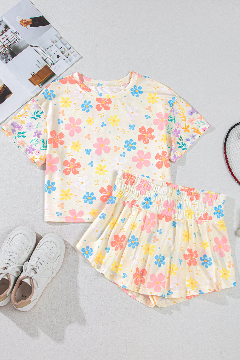 Floral Print Crop Top Wide Leg Short Set