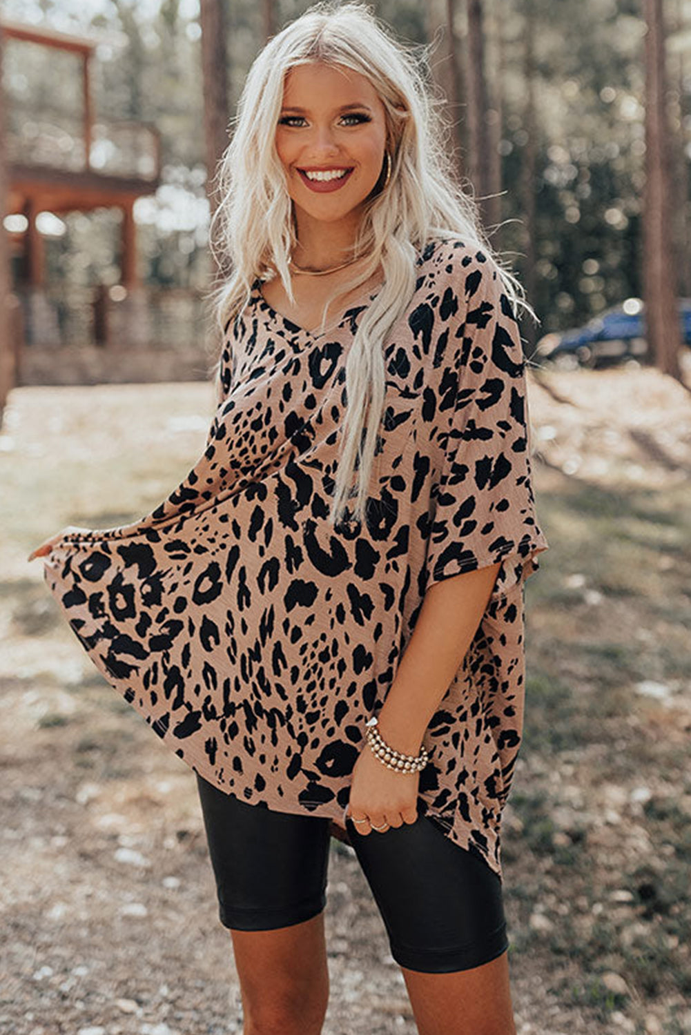 Leopard Print V Neck Half Sleeve Oversized Tee