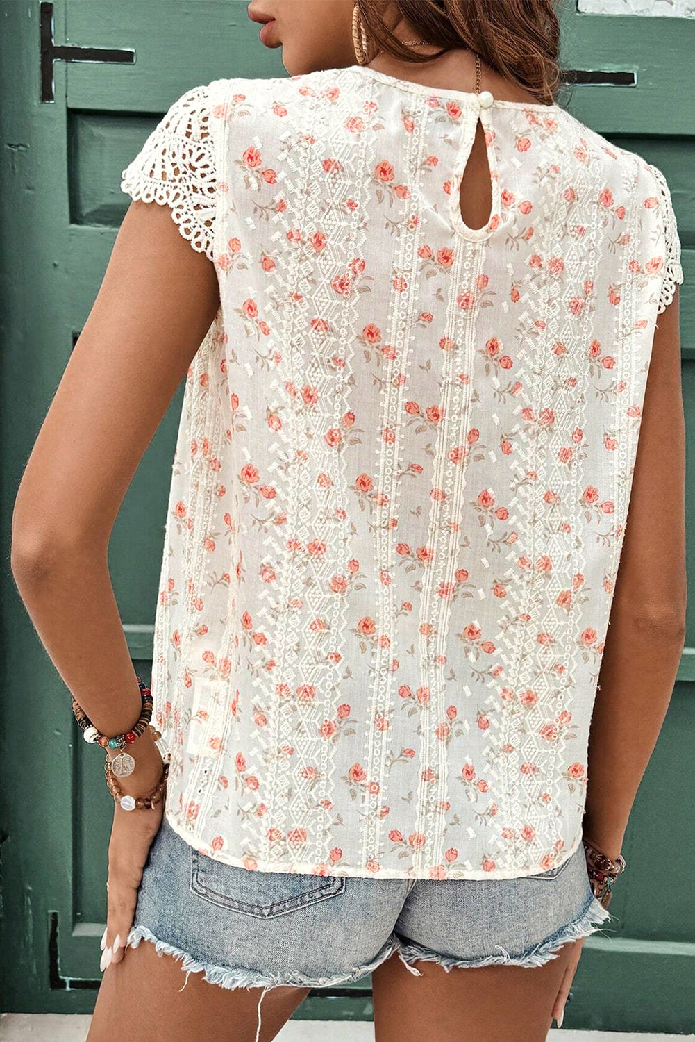 Floral Print Embroidery Detail Crochet Cap Sleeve Blouse