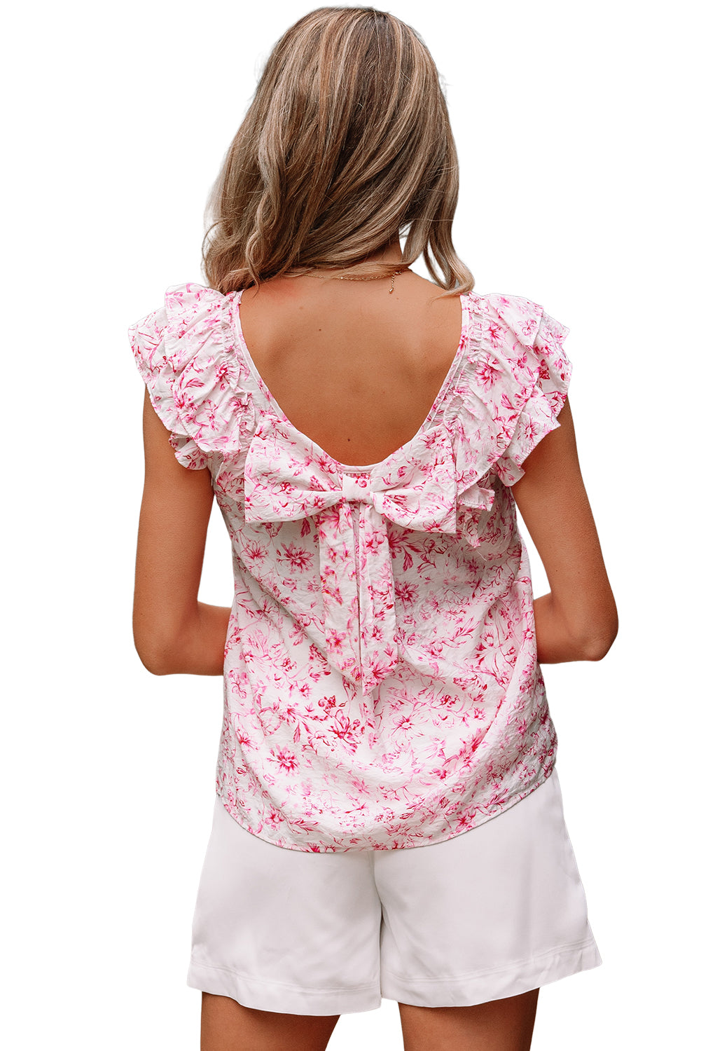 Floral Ruffled Short Sleeve Bow Back Square Neck Blouse