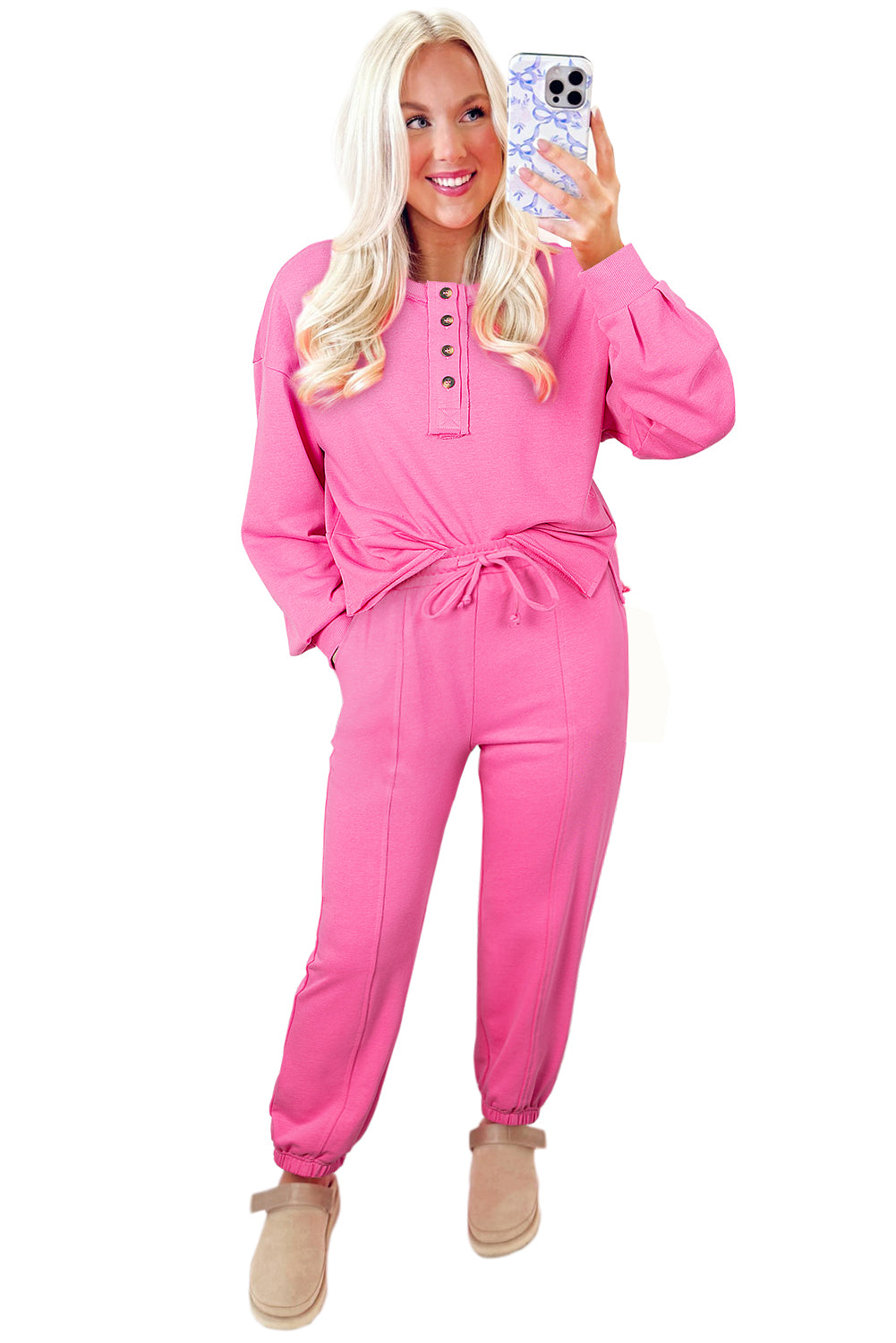 Raw Edge Half Buttons Pullover and Jogger Pants Set