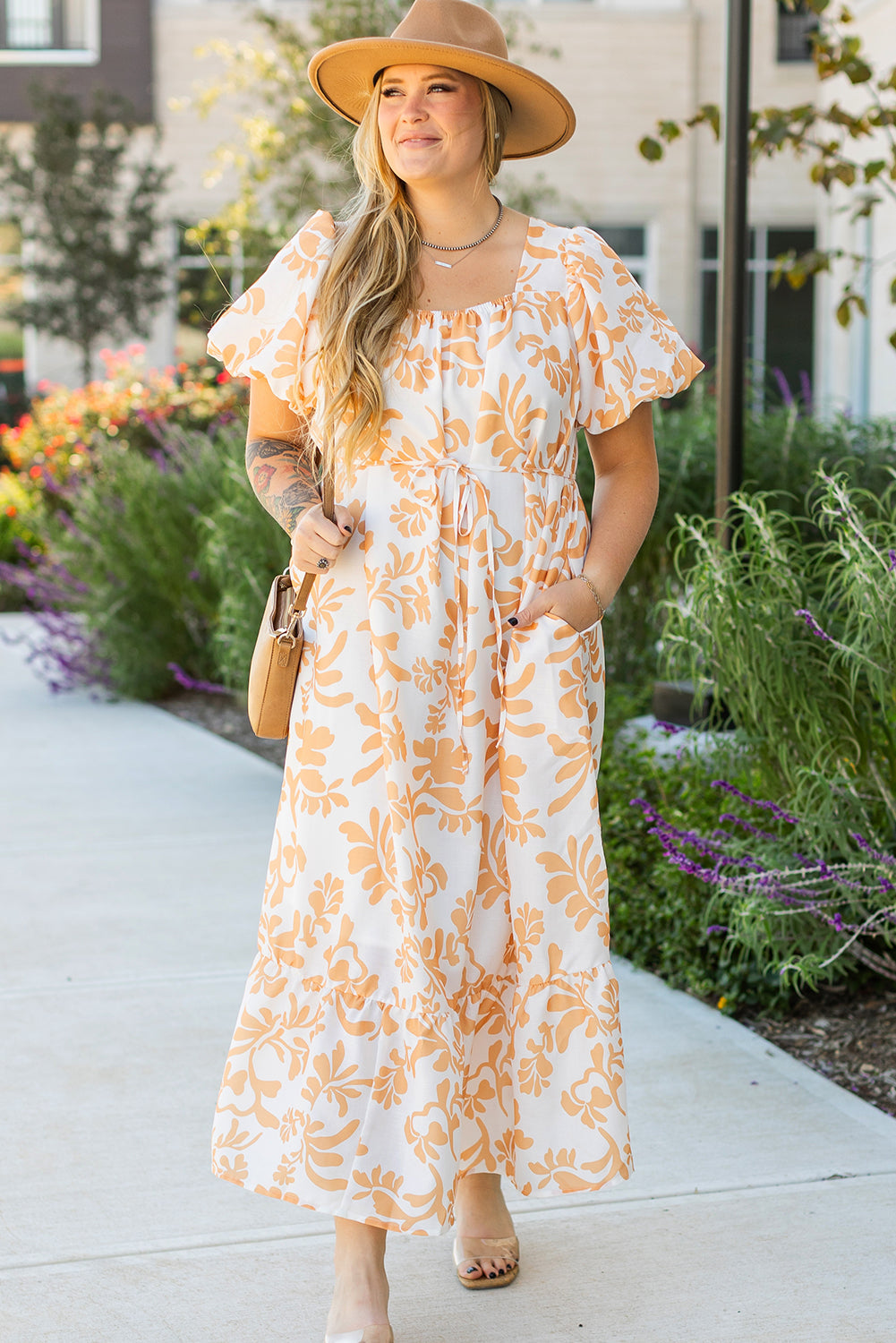Floral Print Puff Short Sleeve Resort Plus Size Maxi Dress