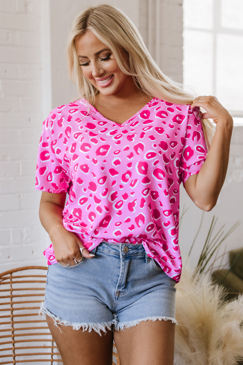 Leopard V Neck Loose Short Sleeve Top