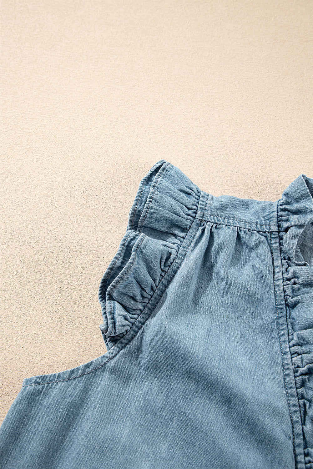 Frilly Ruffle Trim V Neck Chambray Tank Top