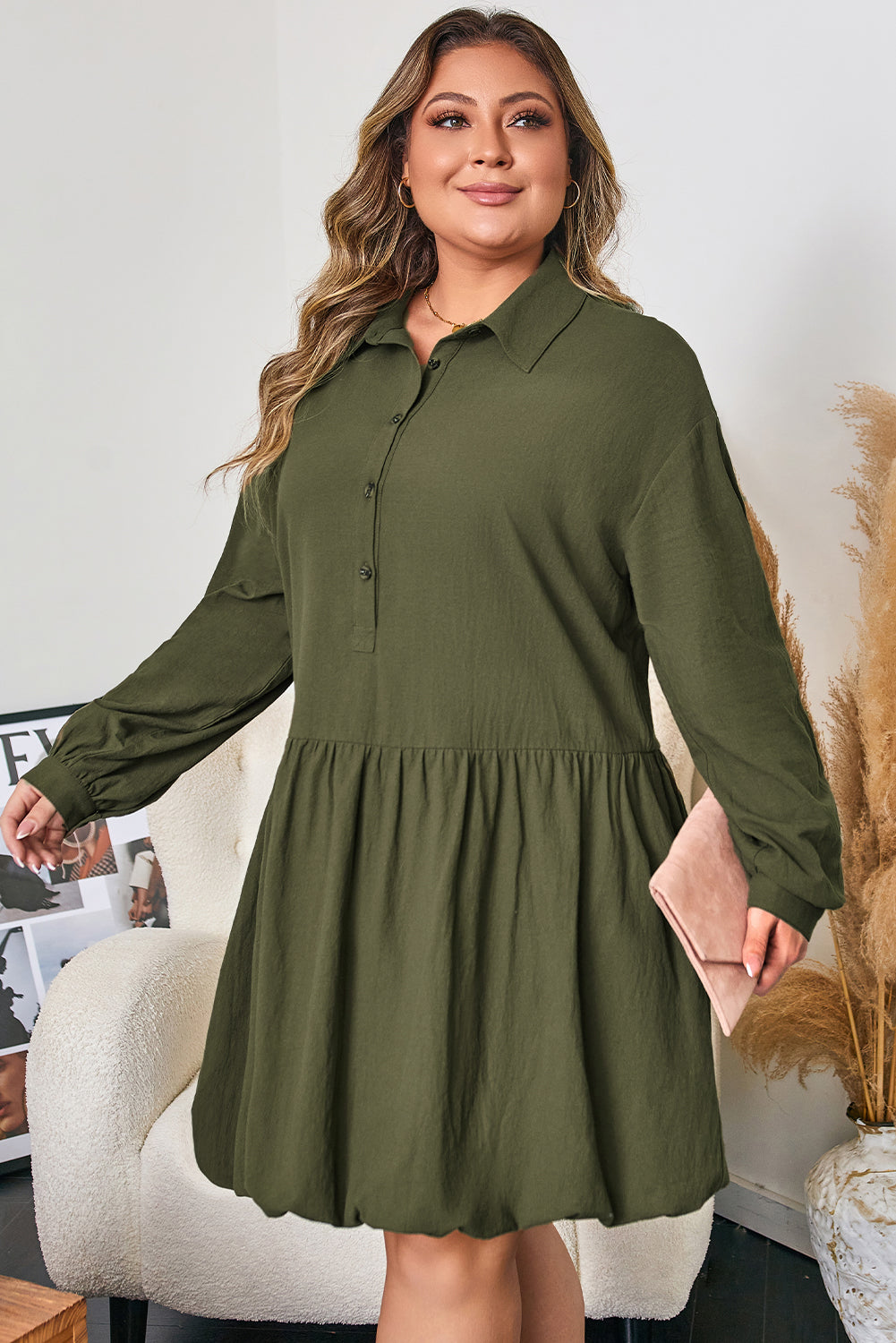 Plus Size Collar Half Button Long Sleeve Ruffle Hem Mini Dress