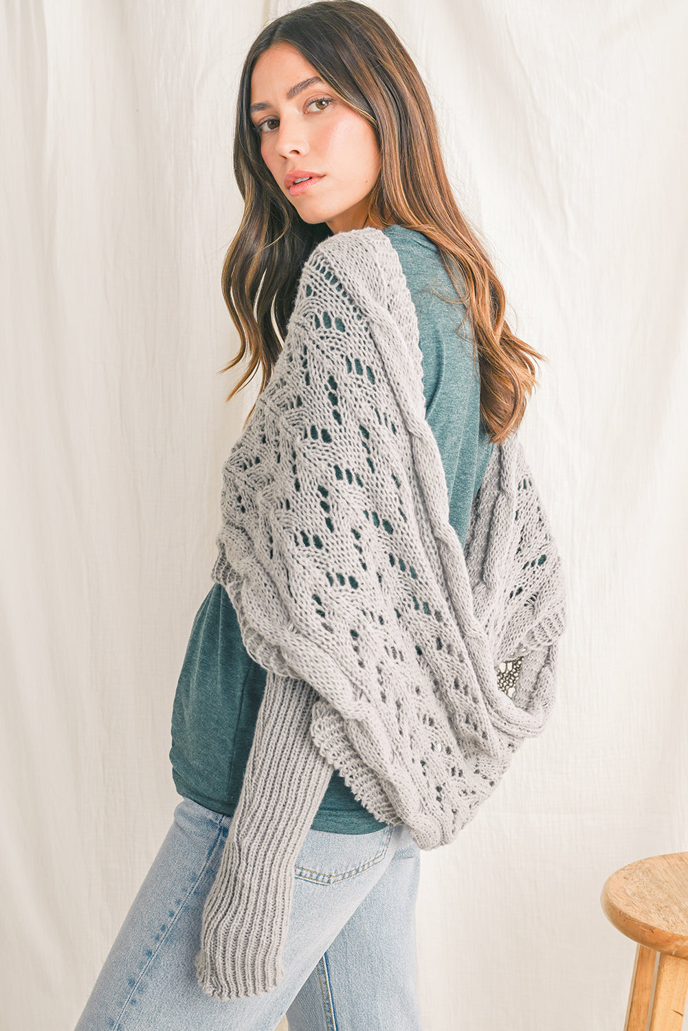 Cross Detail Hollowed Knit Scarf with Sleeves