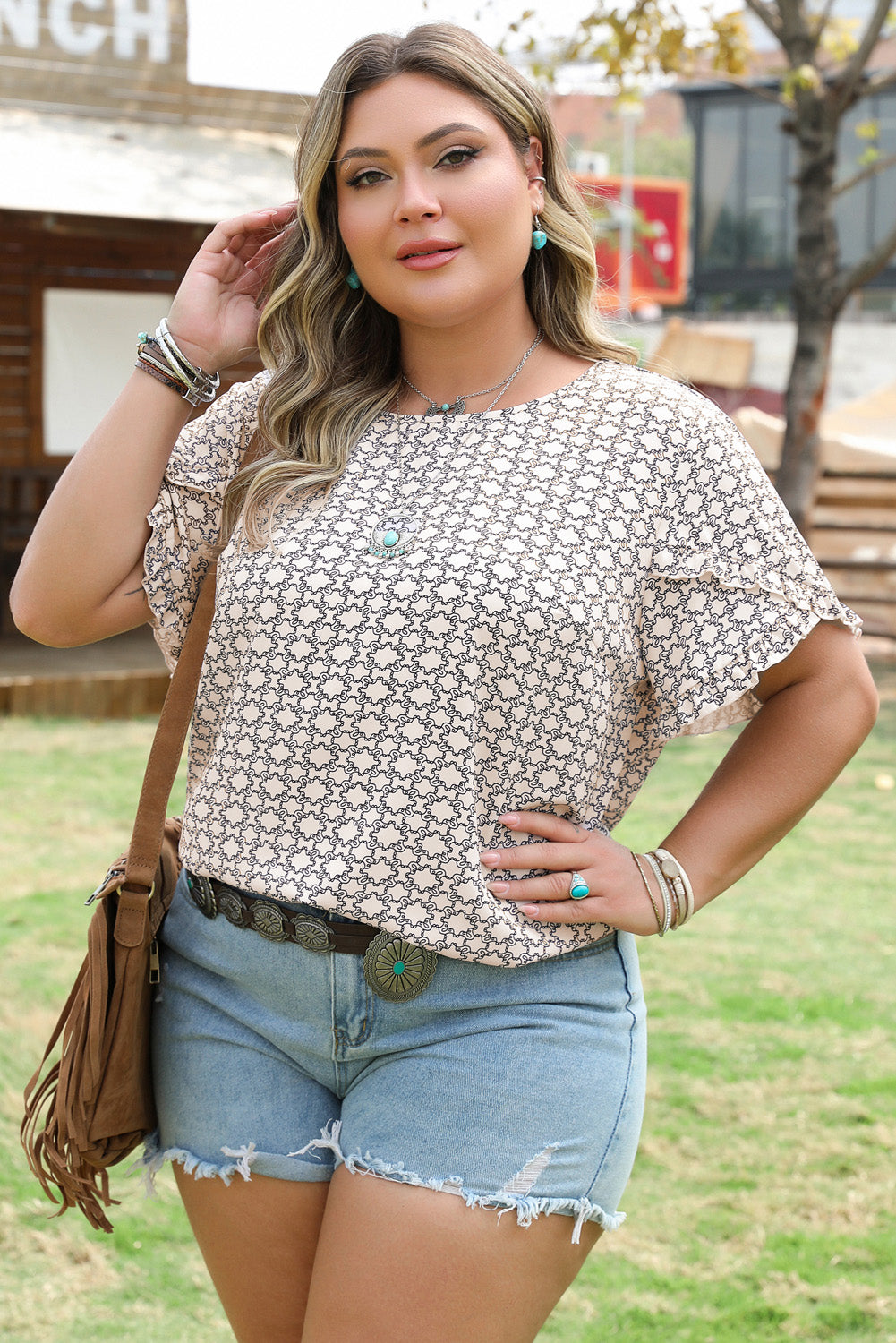 Plus Size Geometric Print Ruffled Sleeve Blouse