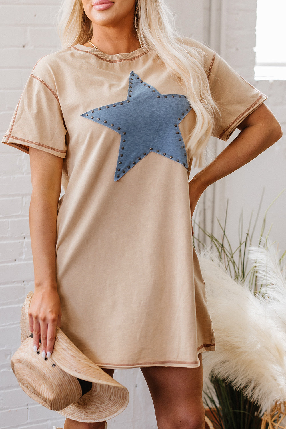 Mineral Wash Stud Beaded Star Graphic Pocketed T Shirt Dress