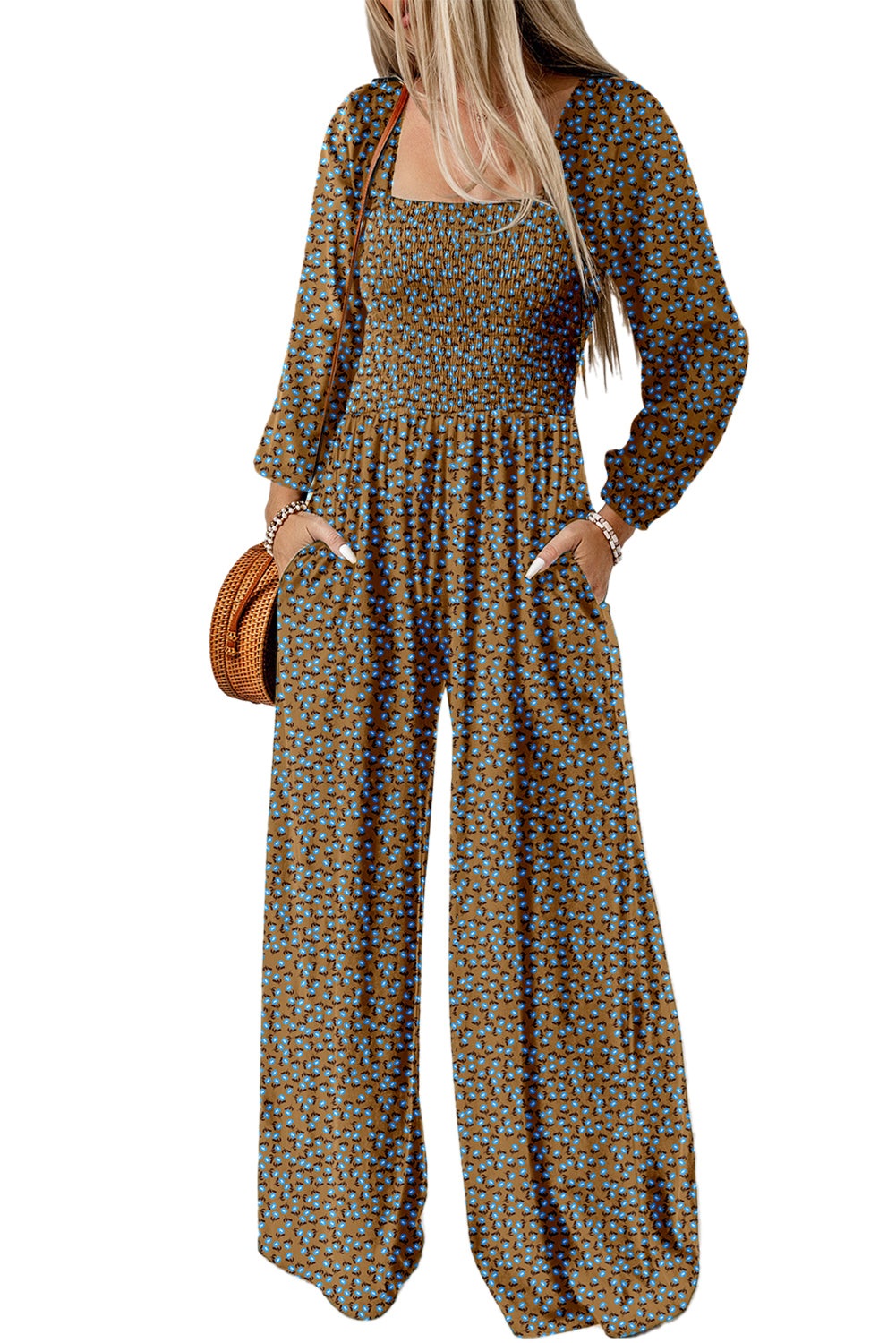Floral Print Western Smocked Bodice Square Neck Wide Leg Jumpsuit