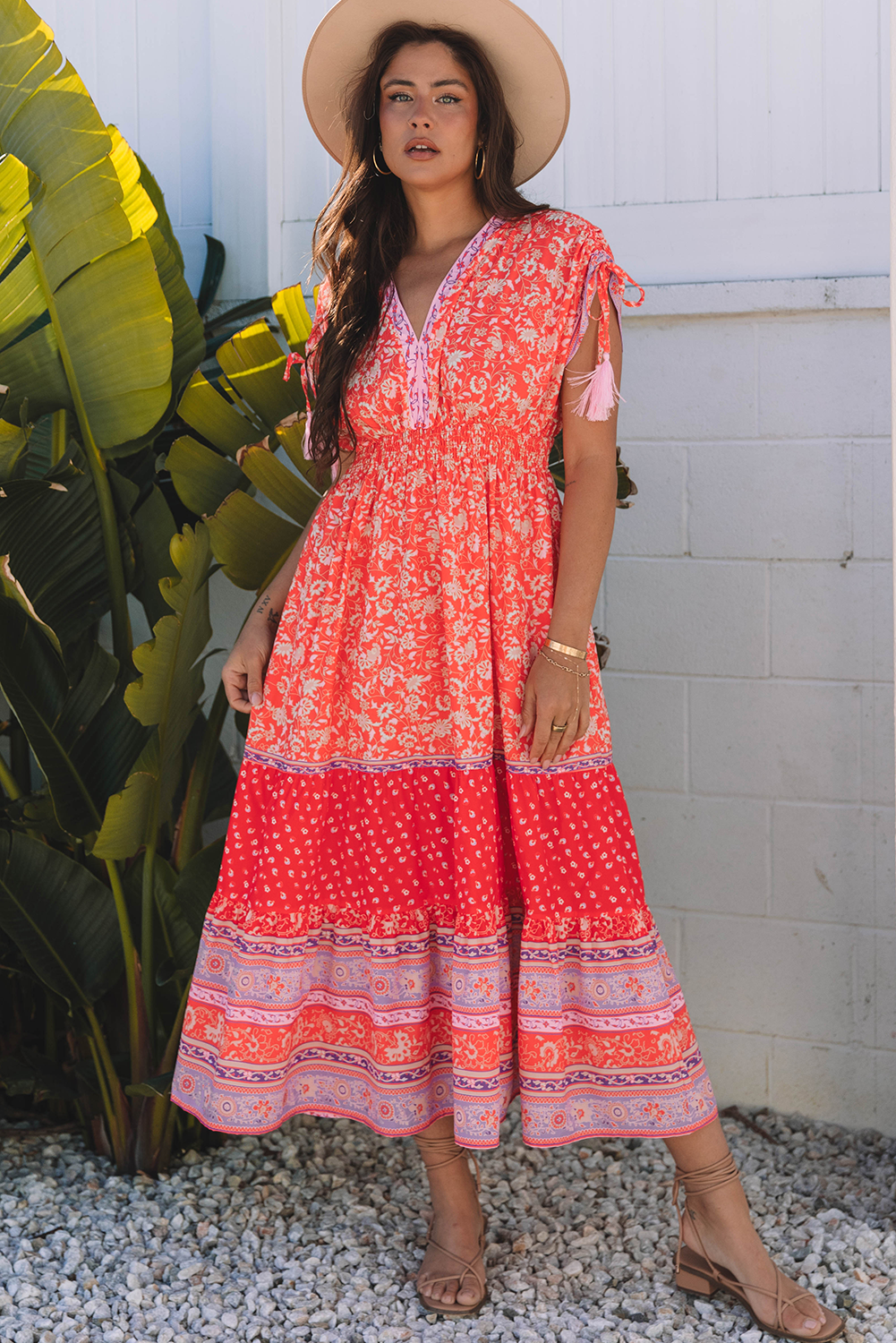Floral Print Tasseled Tied Sleeve Empire Waist Maxi Dress