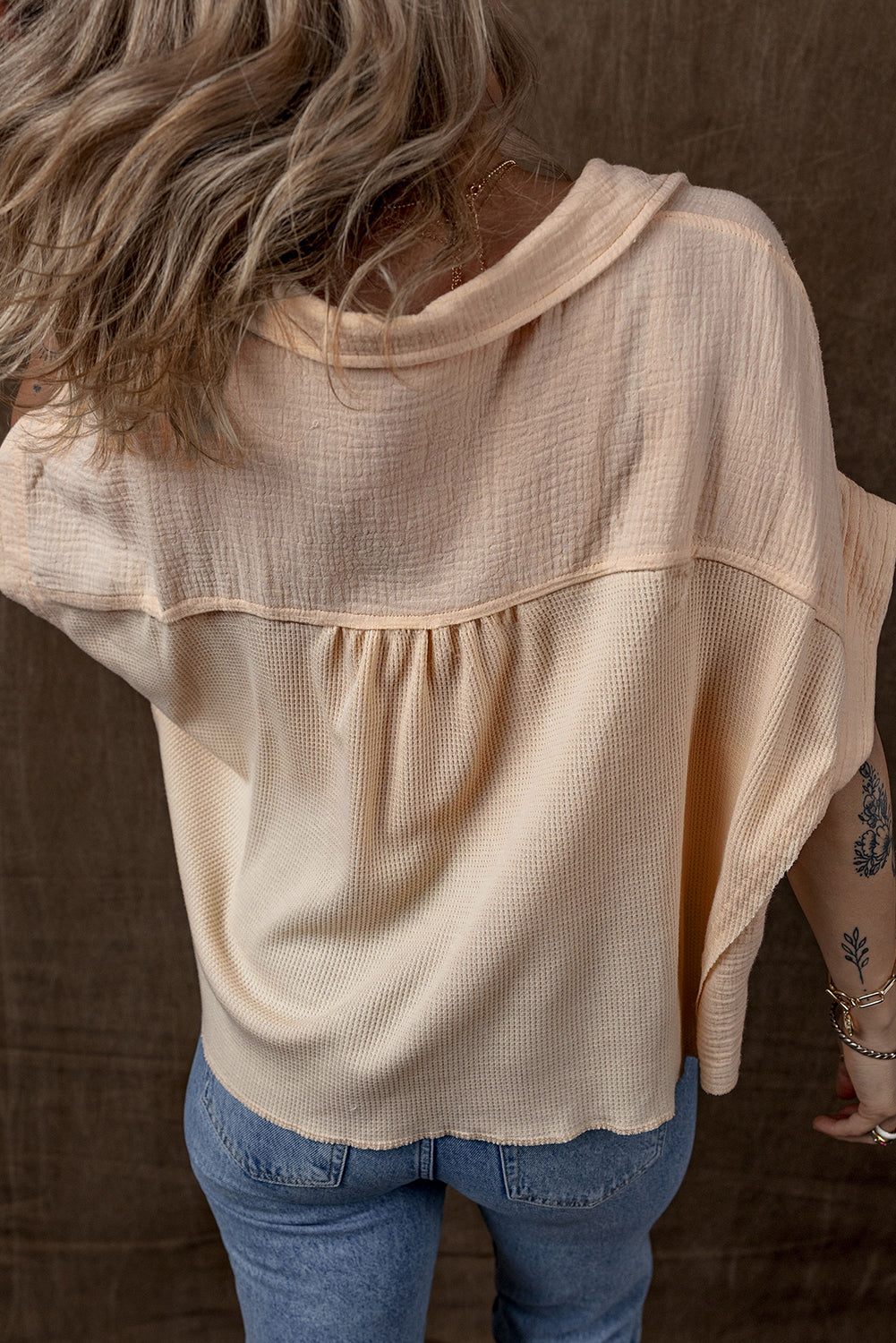 Waffle Splicing Short Batwing Sleeve Flap Detail Shirt