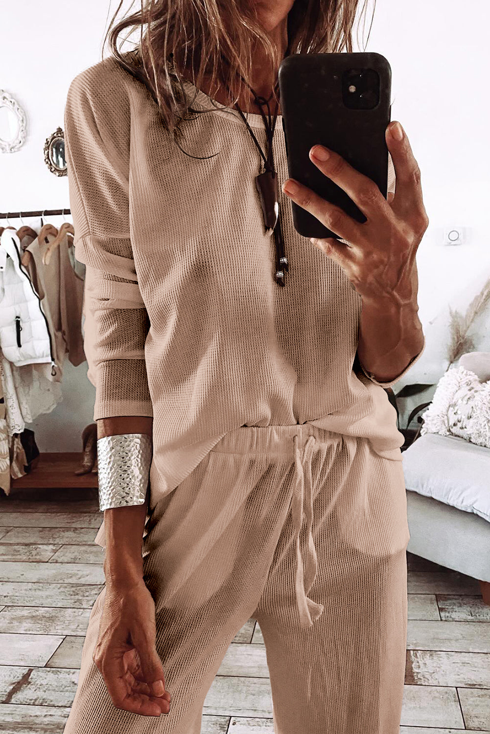 Textured Long Sleeve T Shirt and Pants Lounge Set