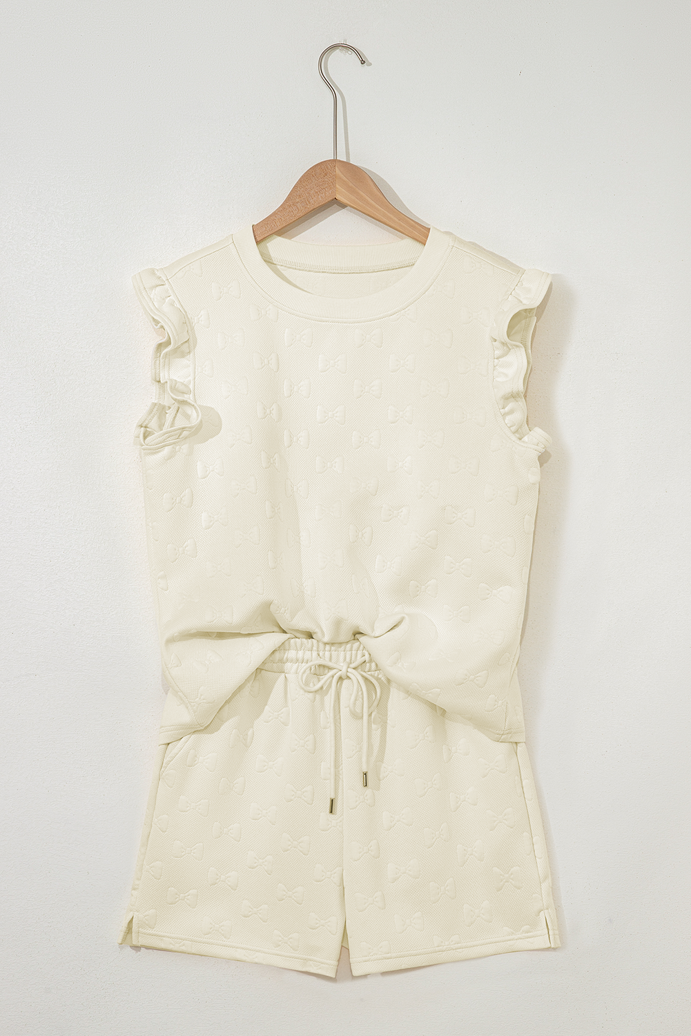 Bow Jacquard Ruffle Sleeve Short 2pcs Outfit