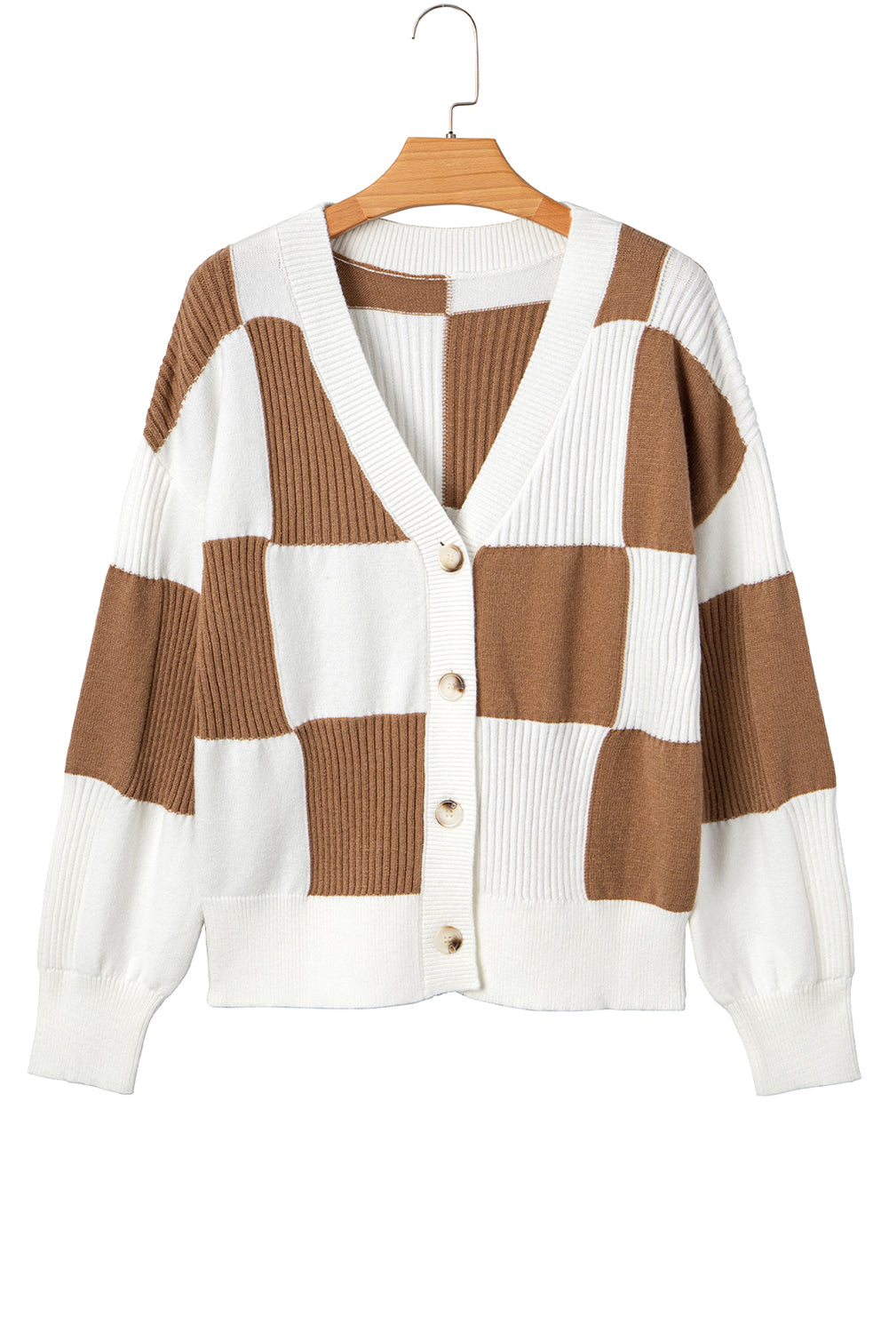 Checkered Pattern Ribbed Detail Button V Neck Sweater Cardigan