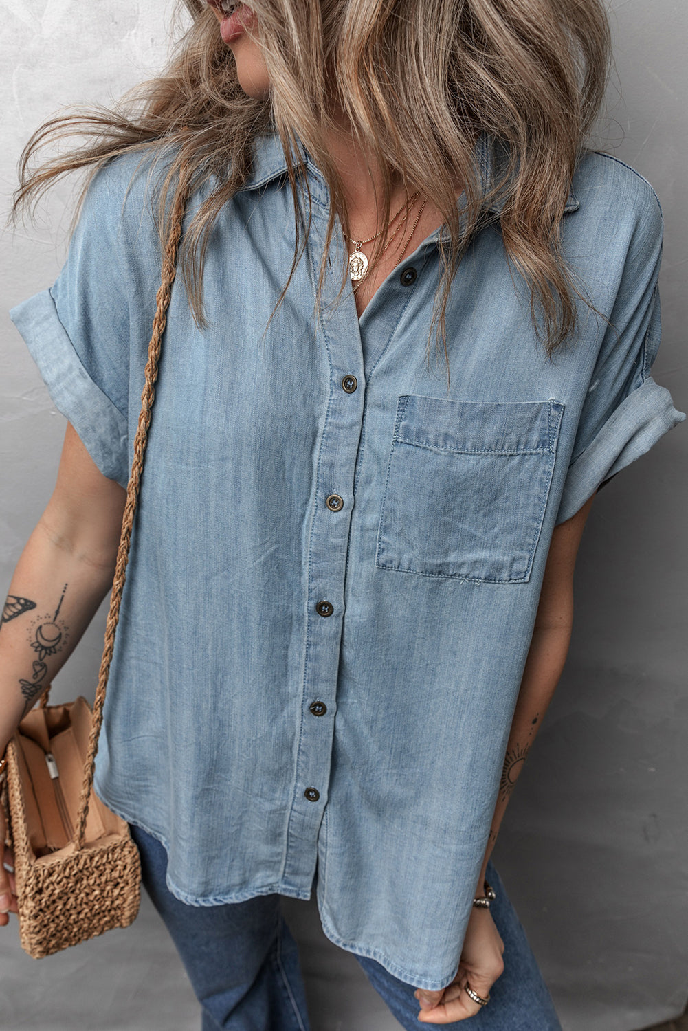 Folded Short Sleeve Patched Pocket Denim Shirt