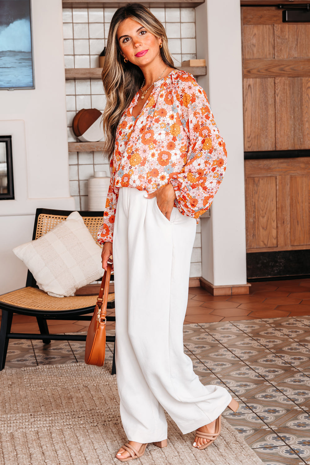 Floral Print V Neck Long Puff Sleeve Top