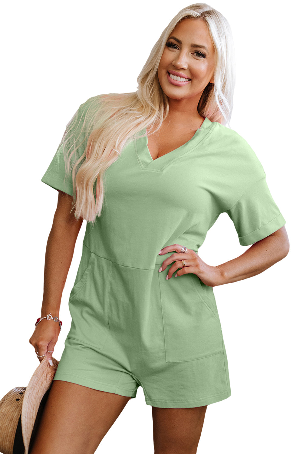 Loose Half Sleeve V Neck Knit Romper