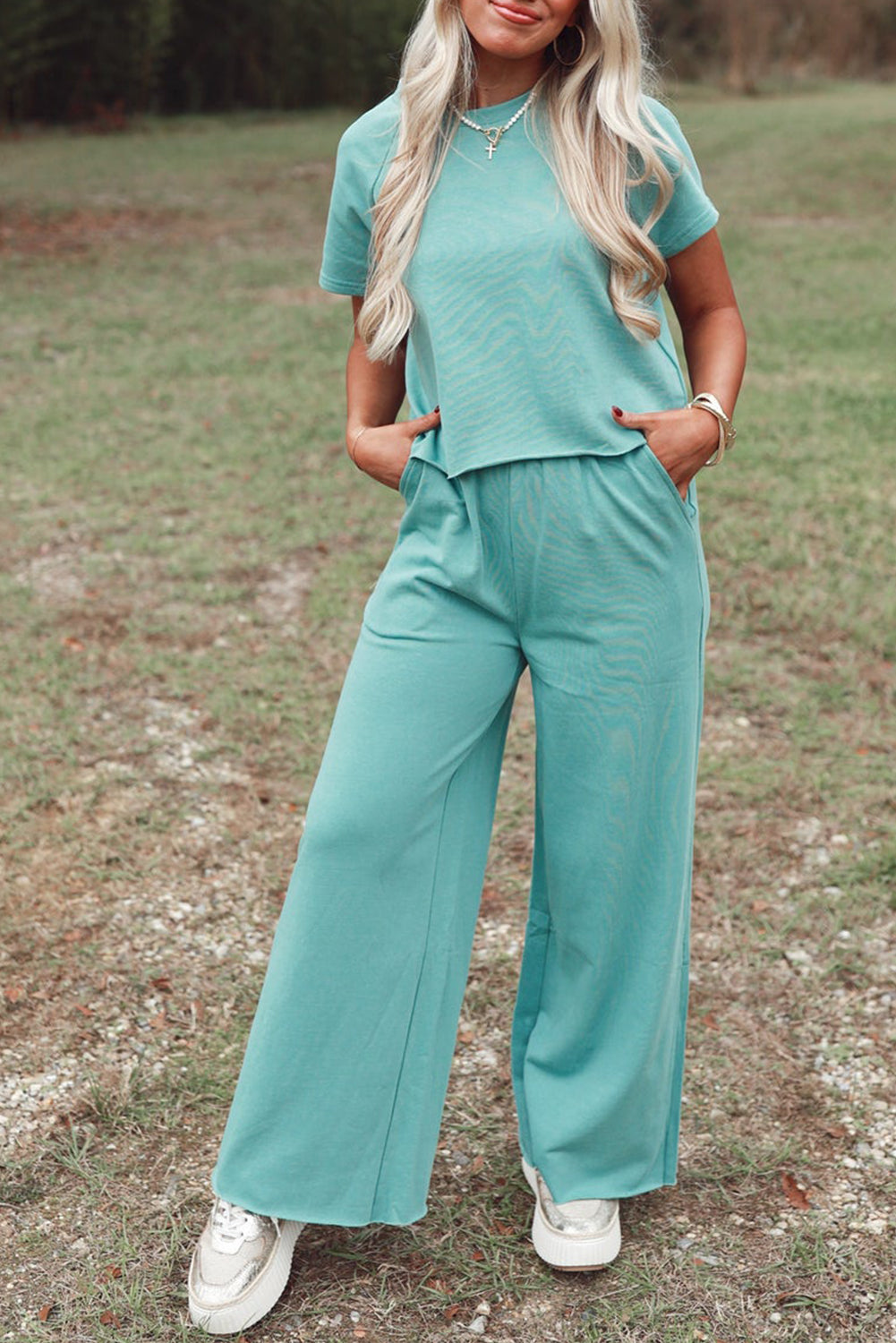 Raglan Short Sleeve Tee and Wide Leg Pants Set