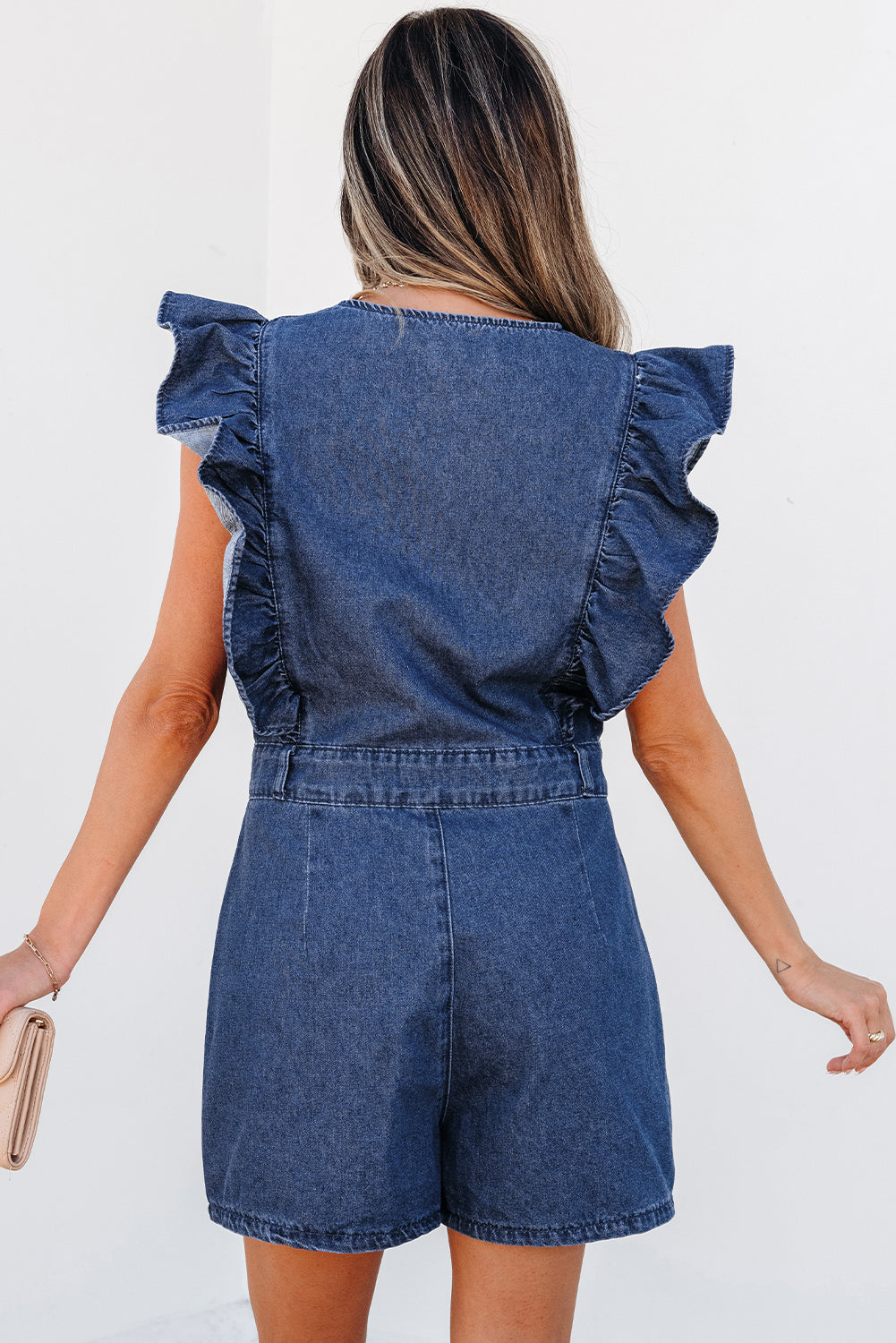Denim Ruffled Zipped Front Belted Romper