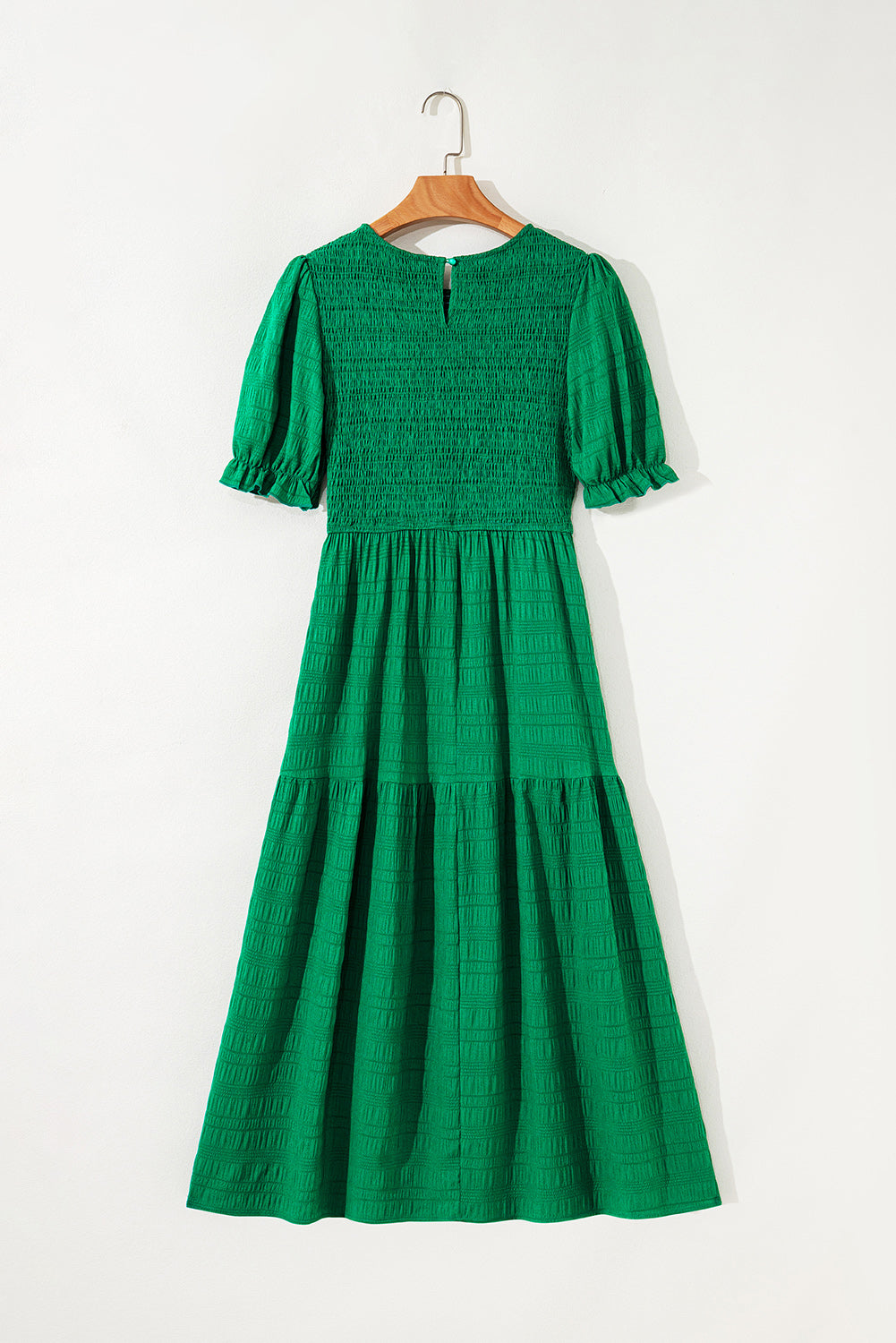 Solid Textured Smocked Puff Short Sleeve High Waist Long Dress