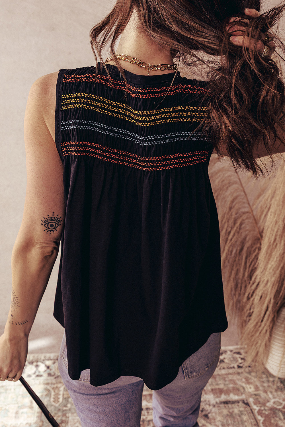 Colorful Shirred Yoke Notched V Neck Tank Top