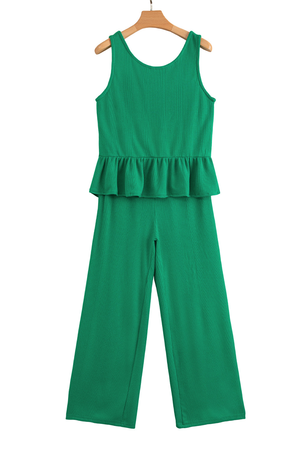 Solid Color Ribbed Ruffle Tank Top and Pants Set