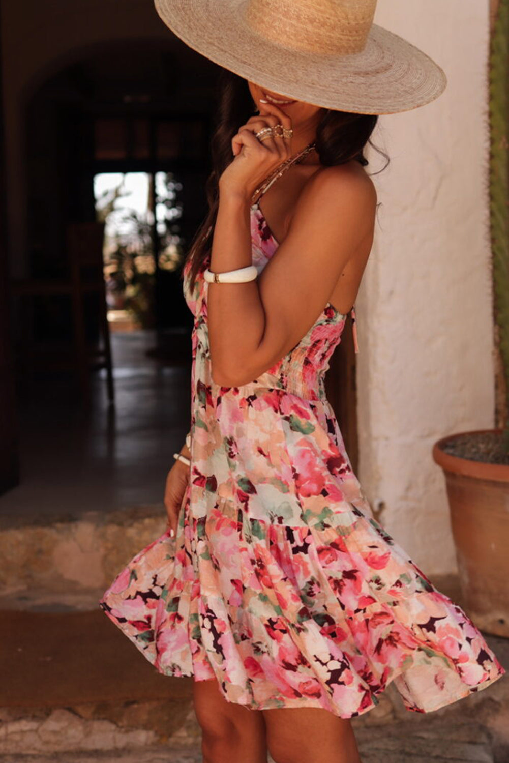 Floral Sleeveless Halter Neck Shirred Back Ruffled Mini Dress