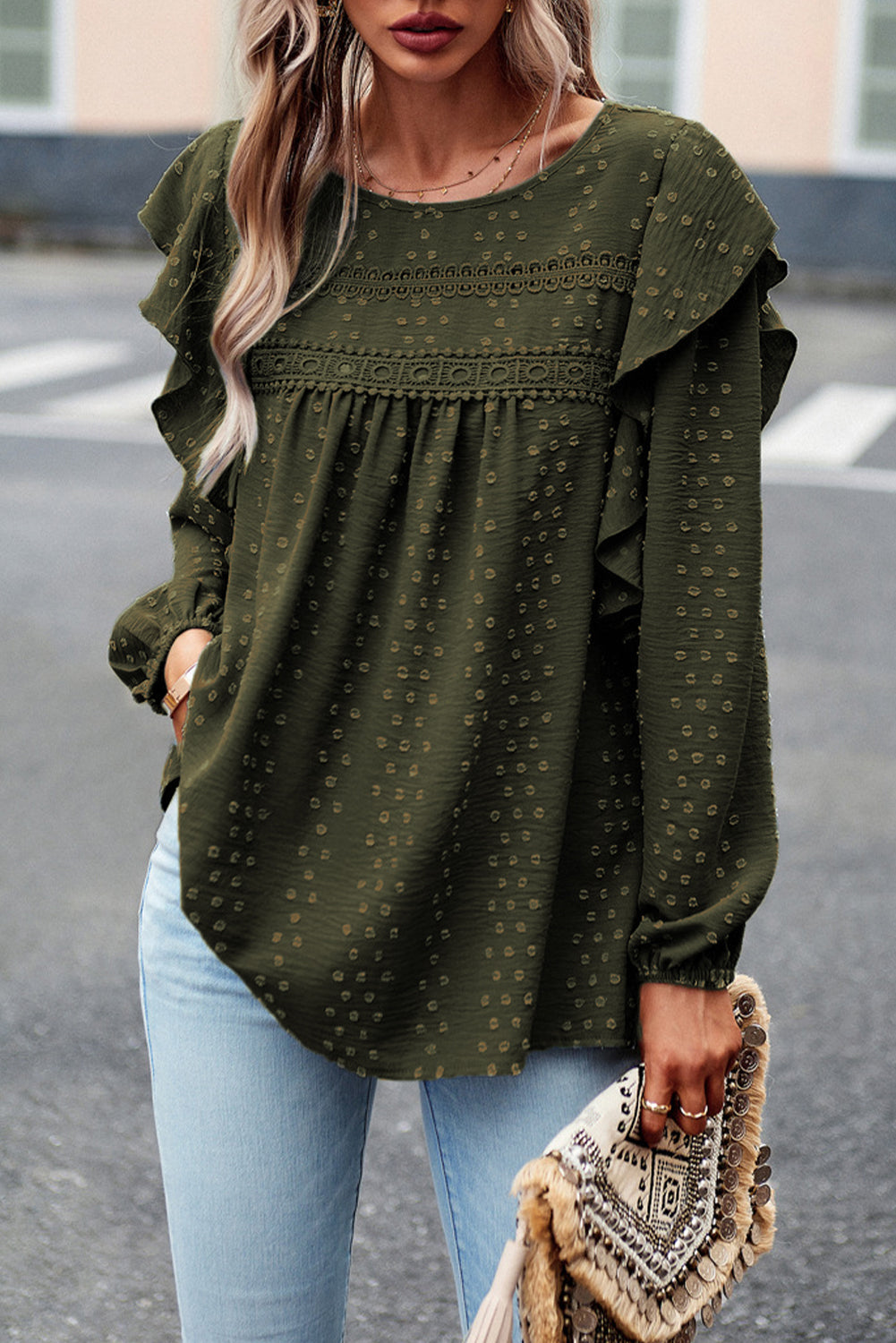 Lace Eyelet Ruffle Shoulder Long Sleeve Blouse