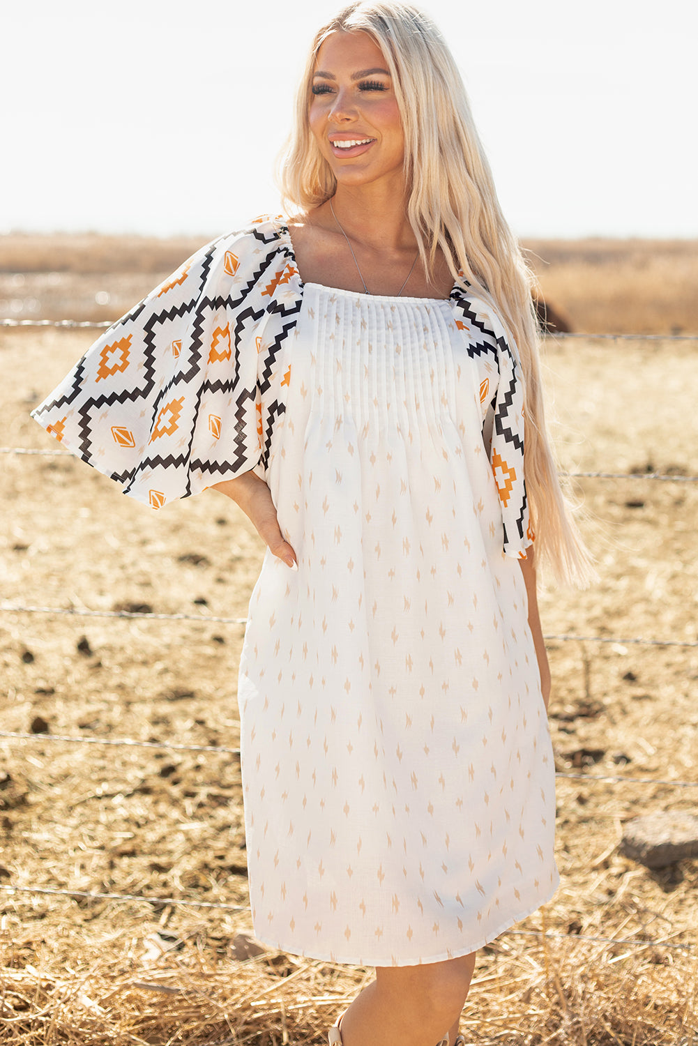 Western Aztec Print Pleated Square Neck Loose Mini Dress