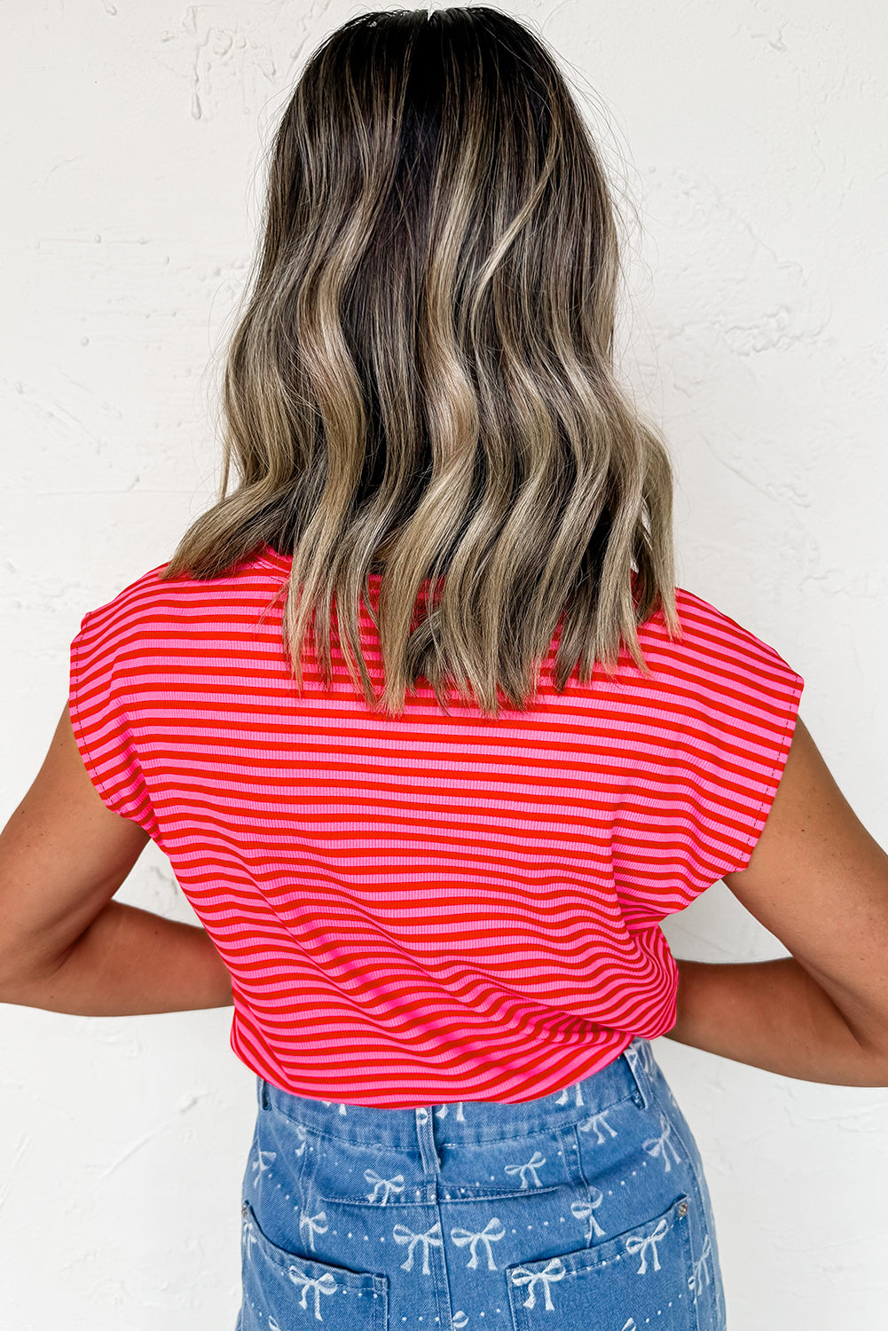 Stripe Ribbed Cap Sleeve Round Neck T Shirt