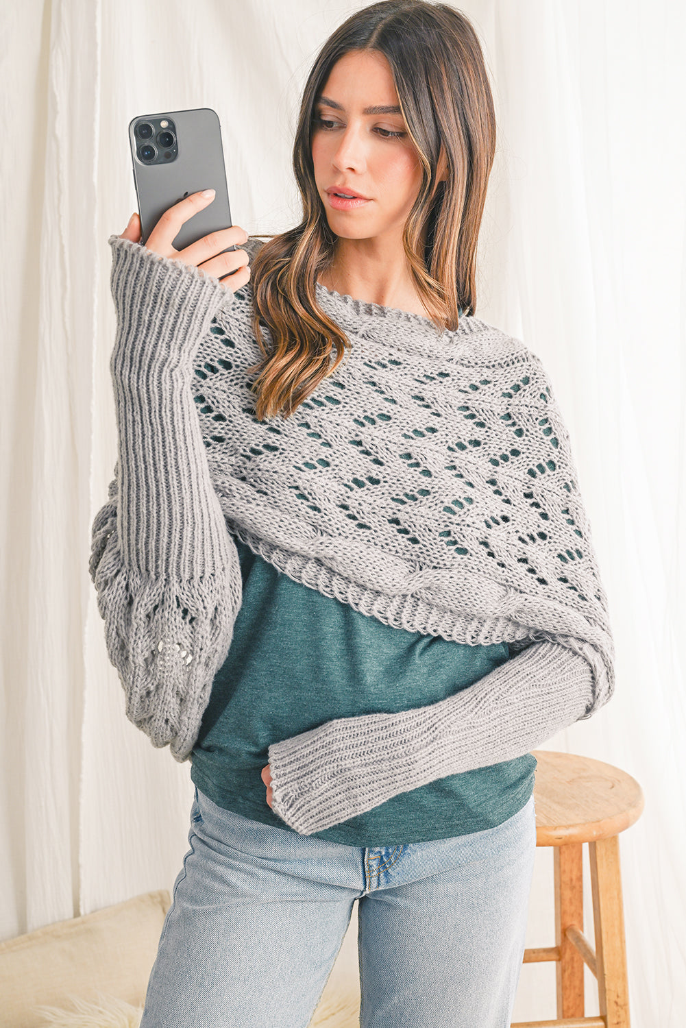 Cross Detail Hollowed Knit Scarf with Sleeves