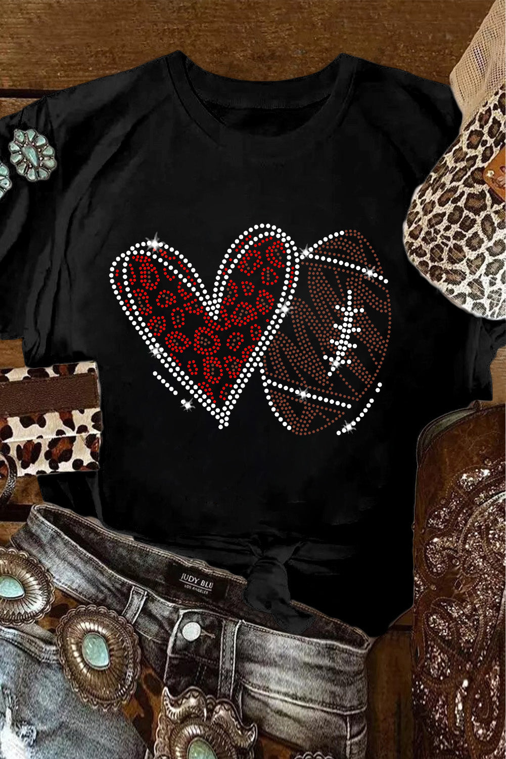 Rhinestone Rugby Football Heart Shape Graphic T Shirt