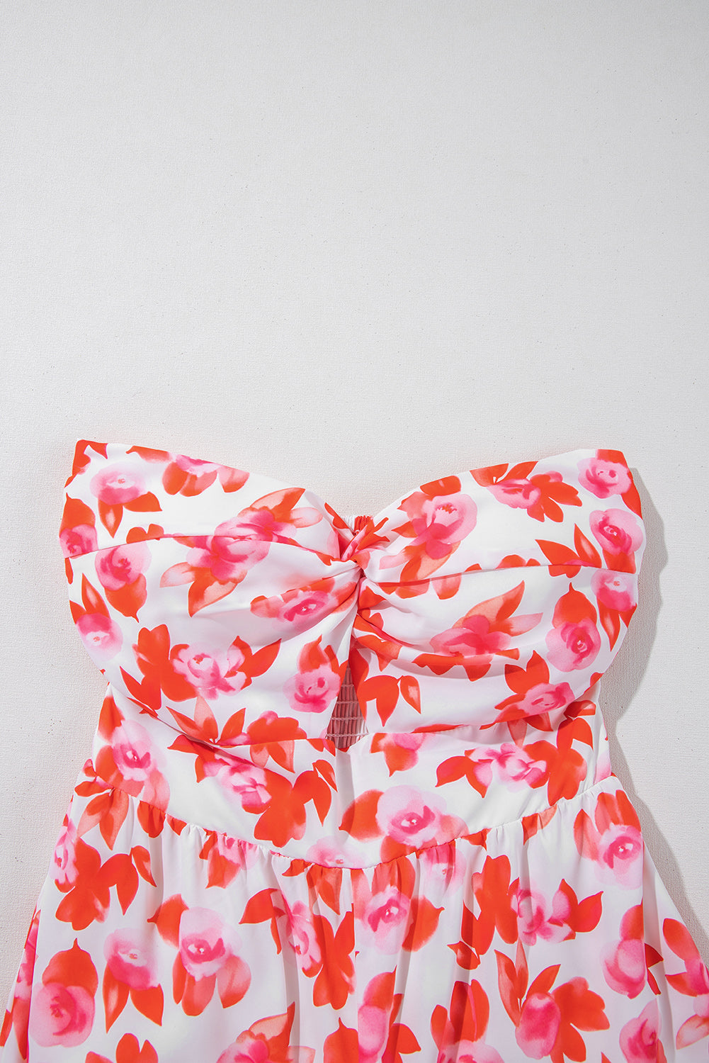 Floral Print Twisted Bandeau Keyhole Pleated Wide Leg Jumpsuit