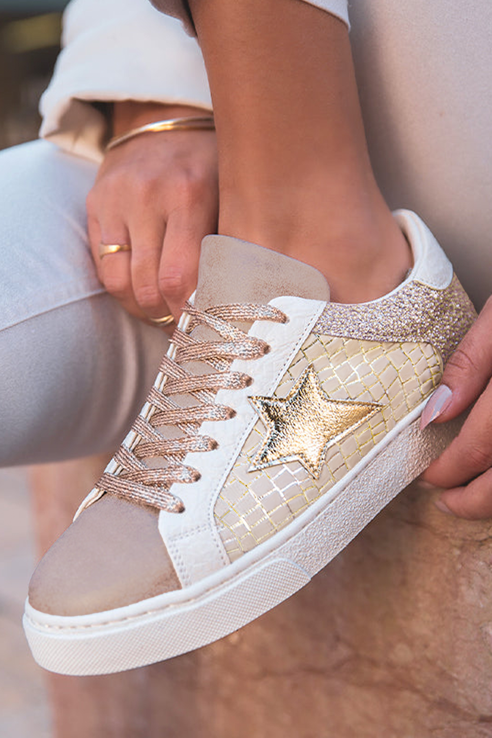 Glitter Star Patchwork PU Leather Lace-up Sneakers