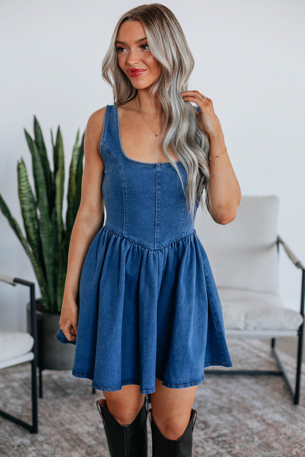 Square Neck Bowknot A-line Sleeveless Denim Dress