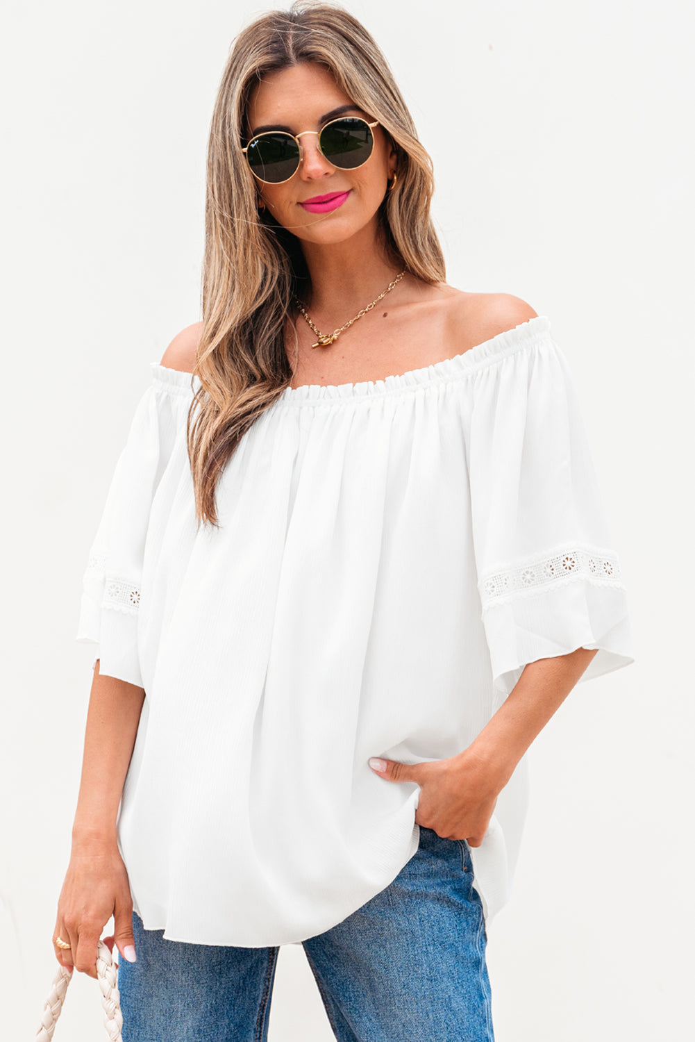 Frilly Off Shoulder Lace Insert Sleeve Textured Blouse
