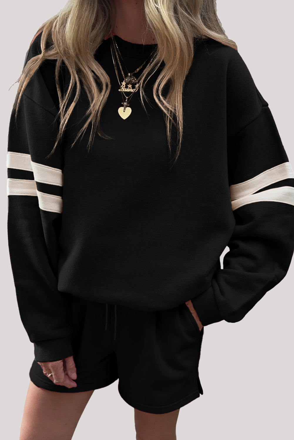 Varsity Striped Sleeve Drop Shoulder Sweatshirt and Short Set