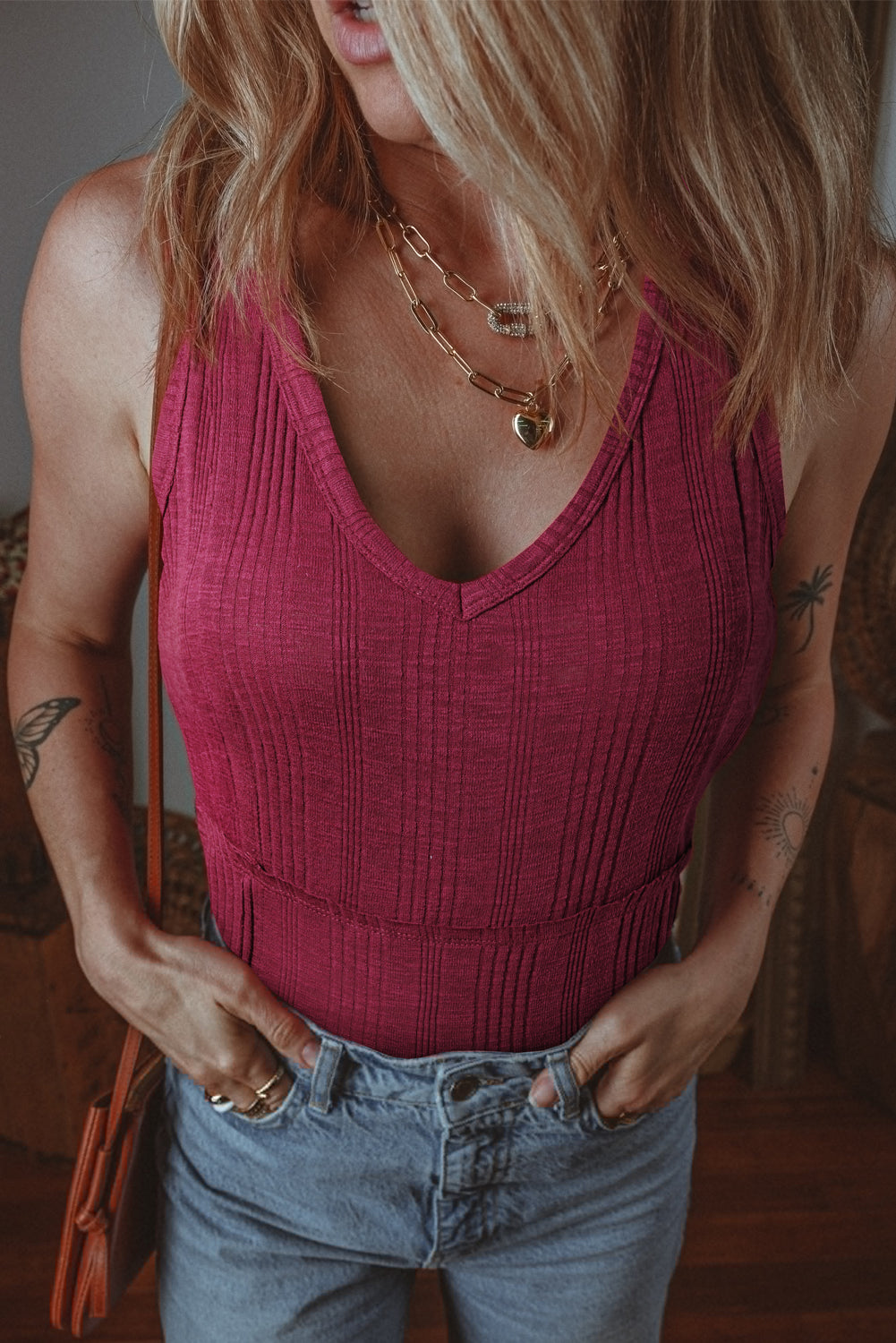 Ribbed Textured Exposed Stitching Knit Tank Top