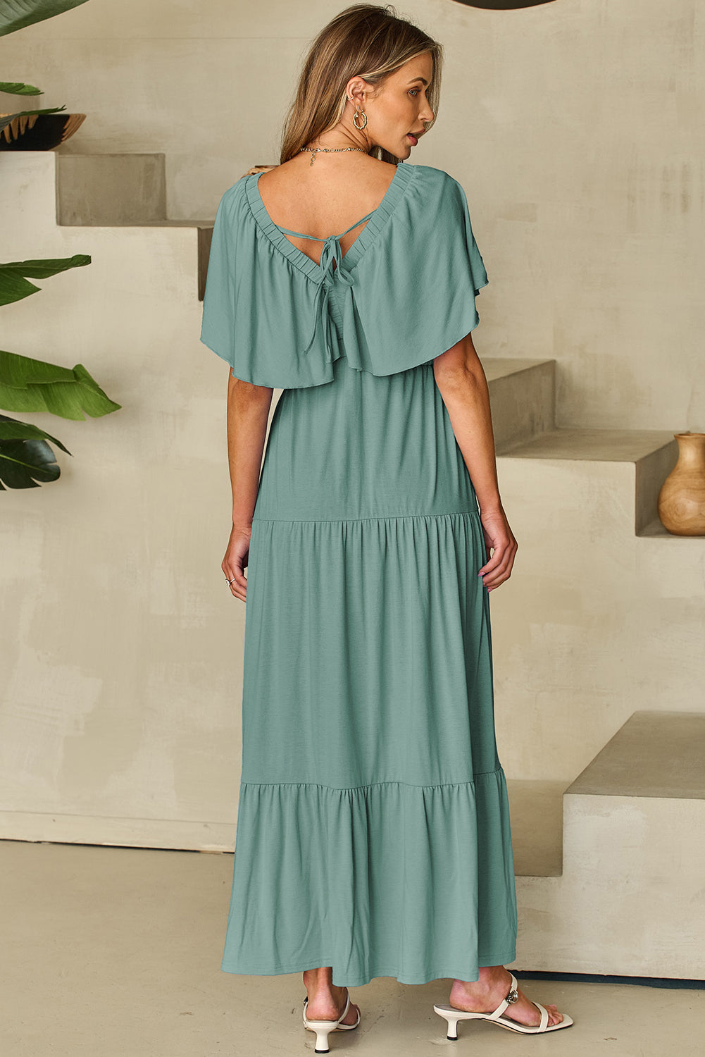 Textured V Neck Flutter Sleeve Ruffled Maxi Dress