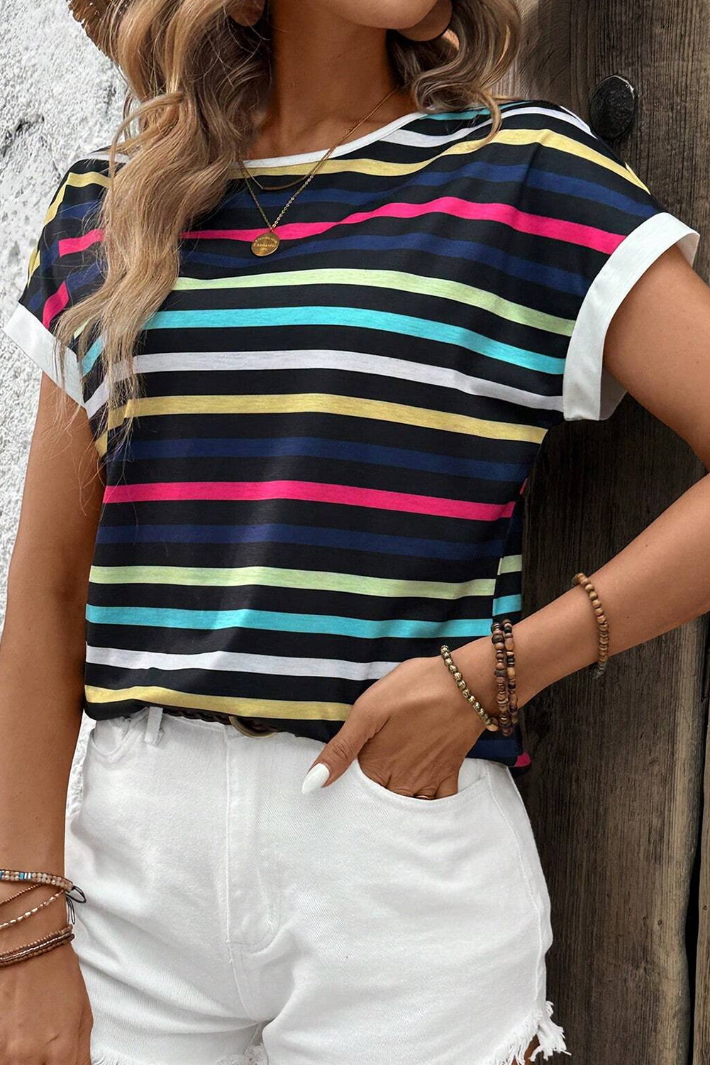 Stripe Multicolor Contrast Edge Crew Neck T Shirt