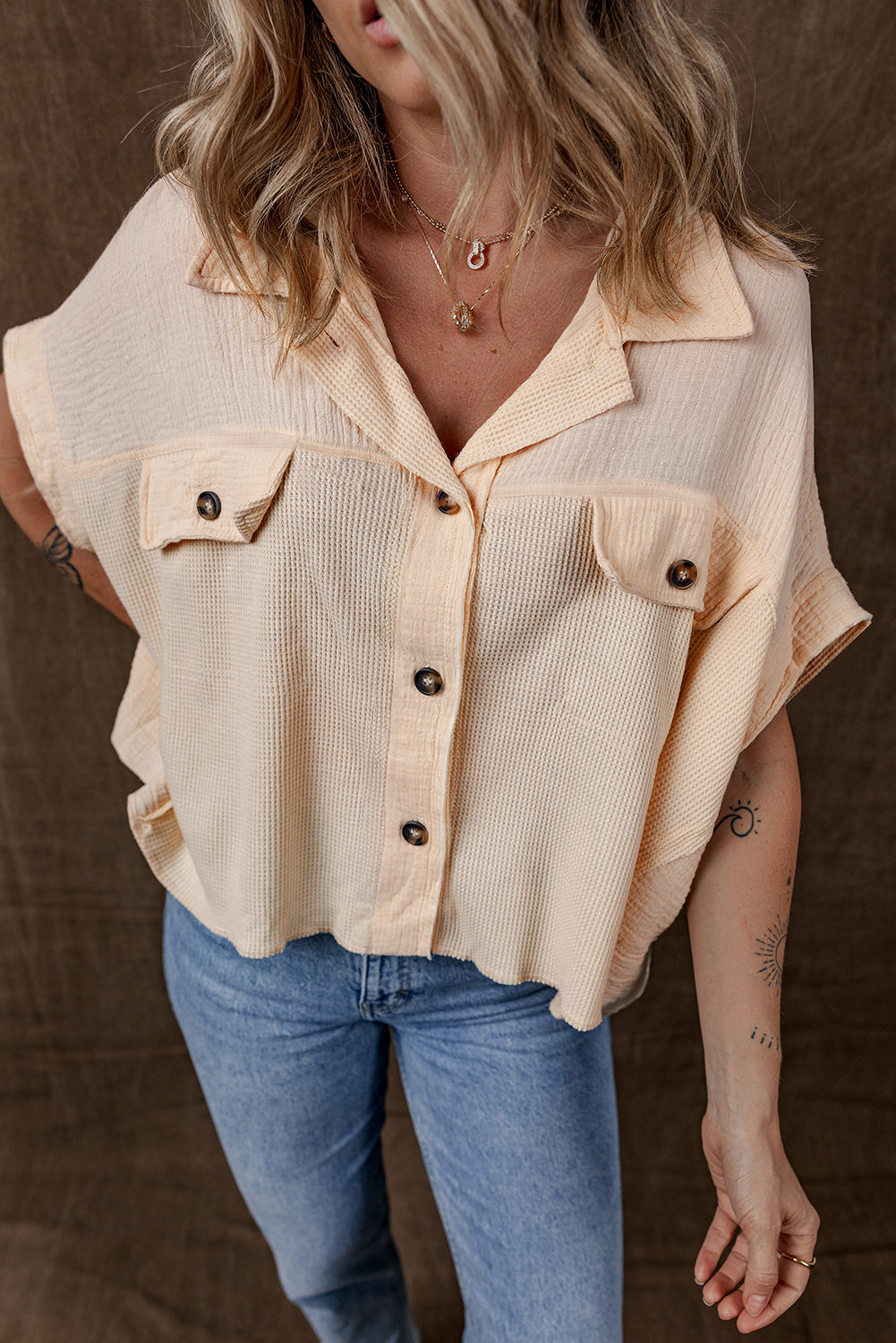Waffle Splicing Short Batwing Sleeve Flap Detail Shirt