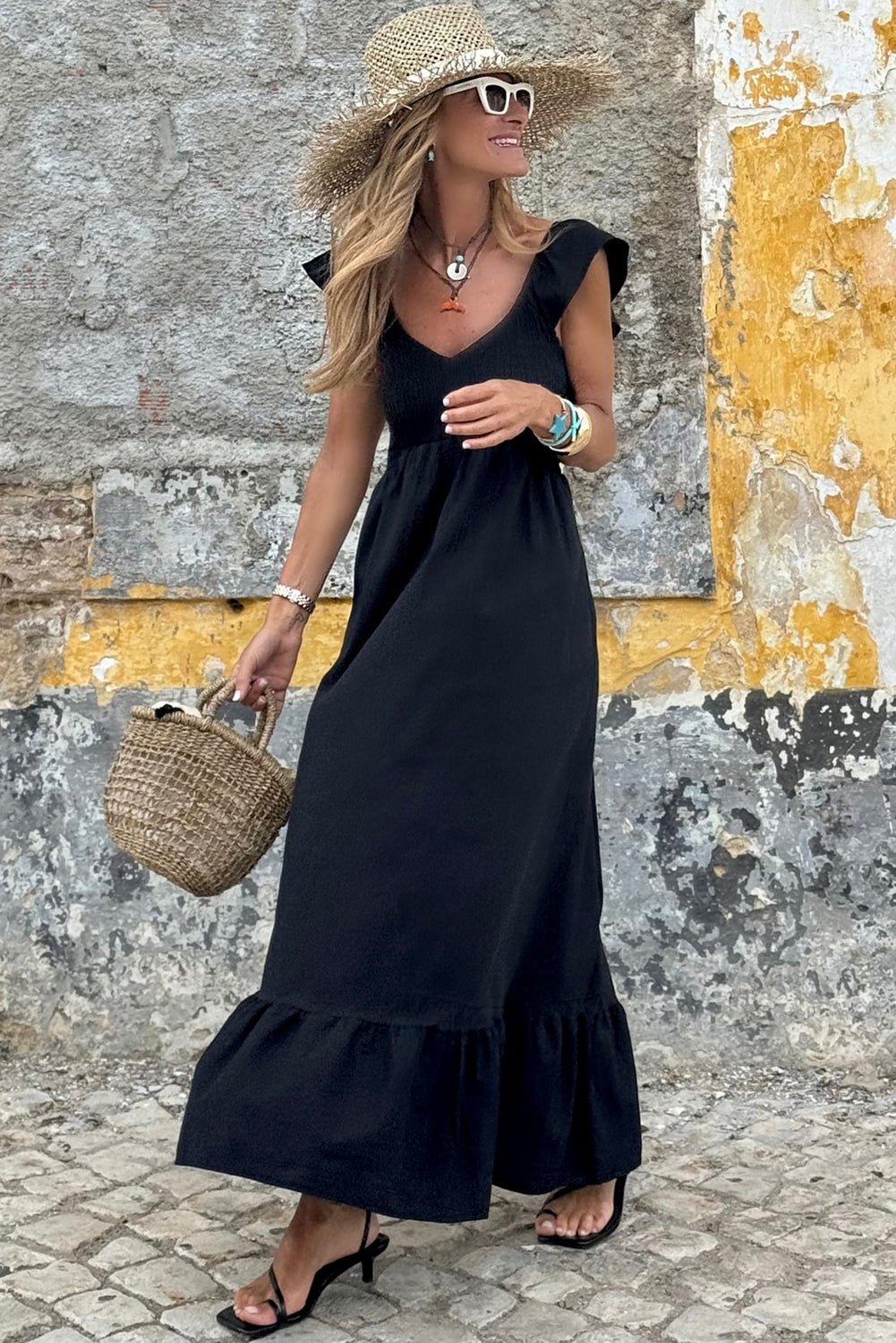 V Neck Flutter Sleeve Smocked Bodice High Waist Ruffle Maxi Dress