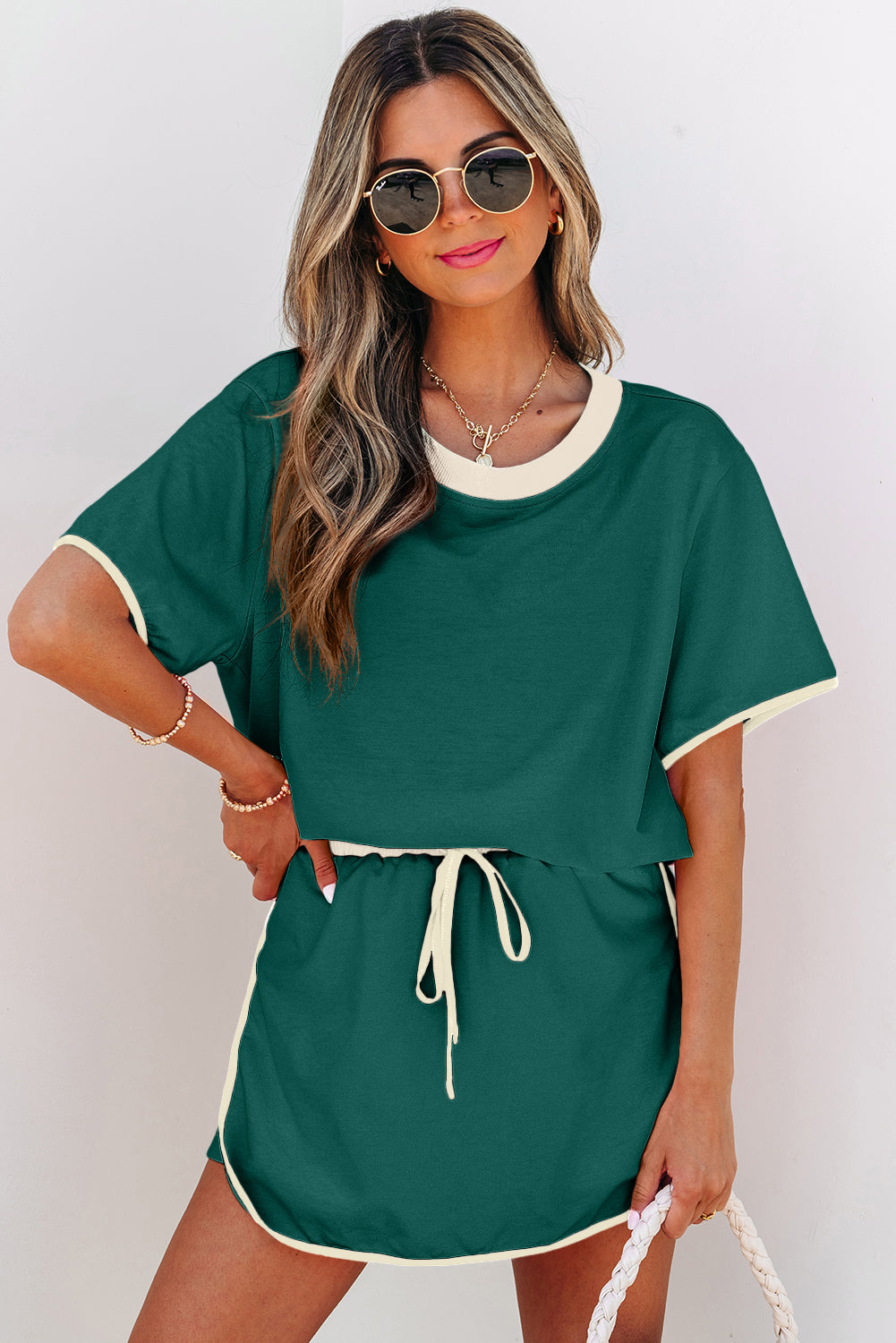 Colorblock Edge Drop Shoulder T Shirt and Skirt 2Pcs Set