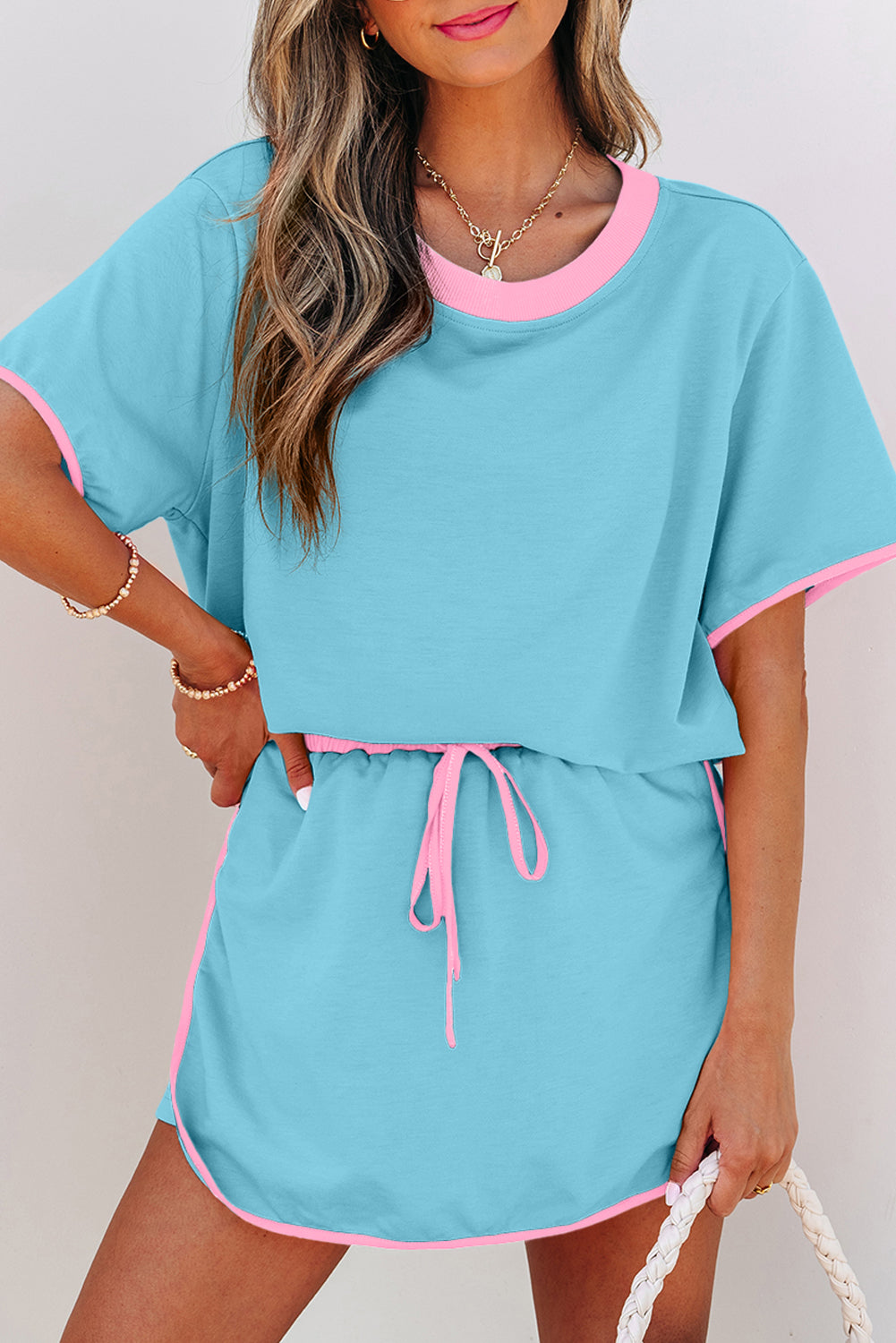 Colorblock Edge Drop Shoulder T Shirt and Skort 2Pcs Set