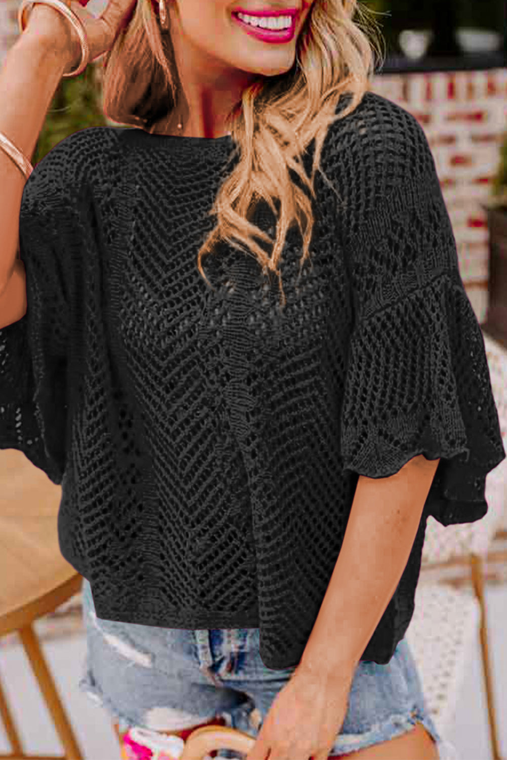 Pointelle Knit Scallop Edge Short Sleeve Top